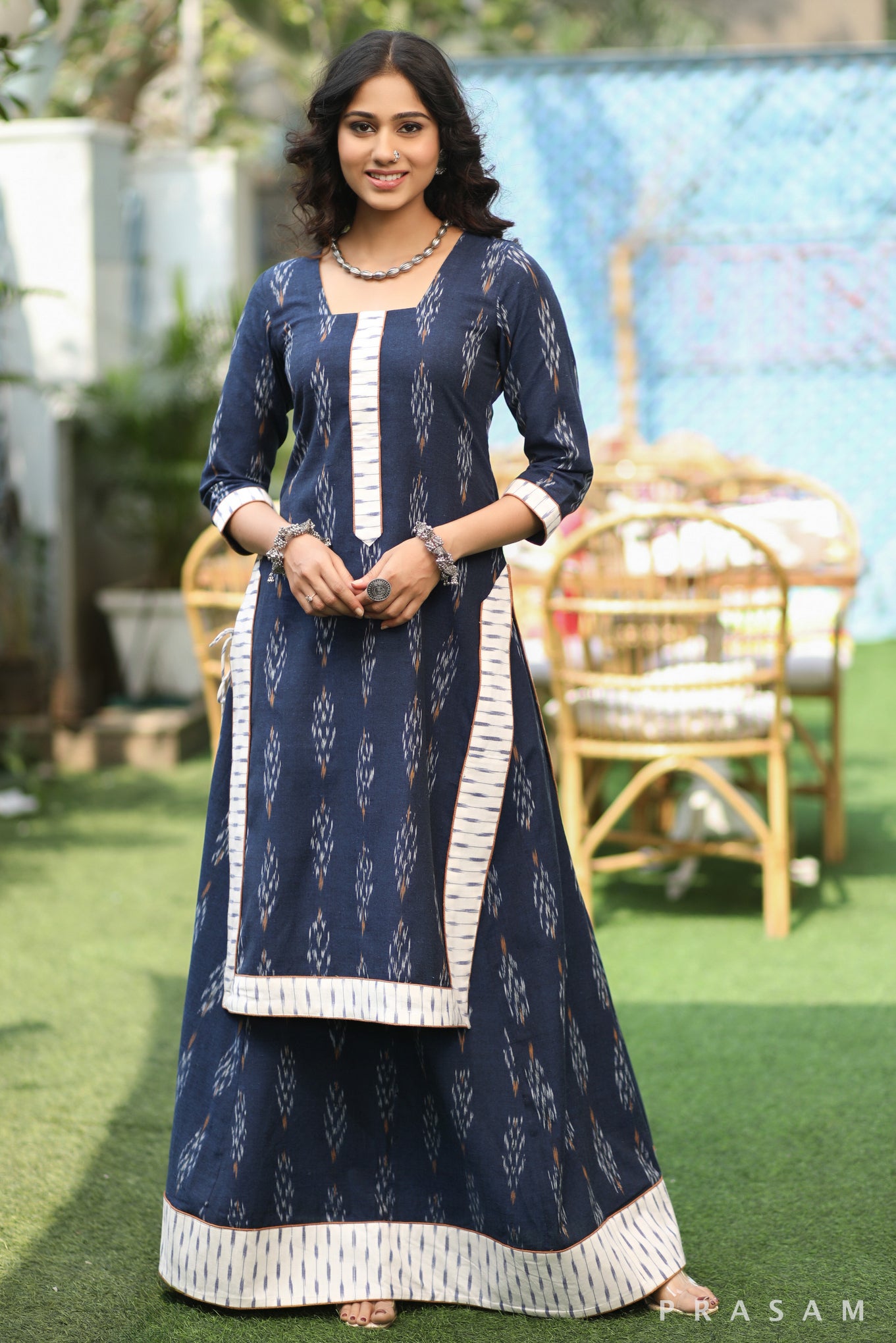 Majestic Peacock Blue Ethnically Exclusive Ikat Kurta With Skirt Bottom Set