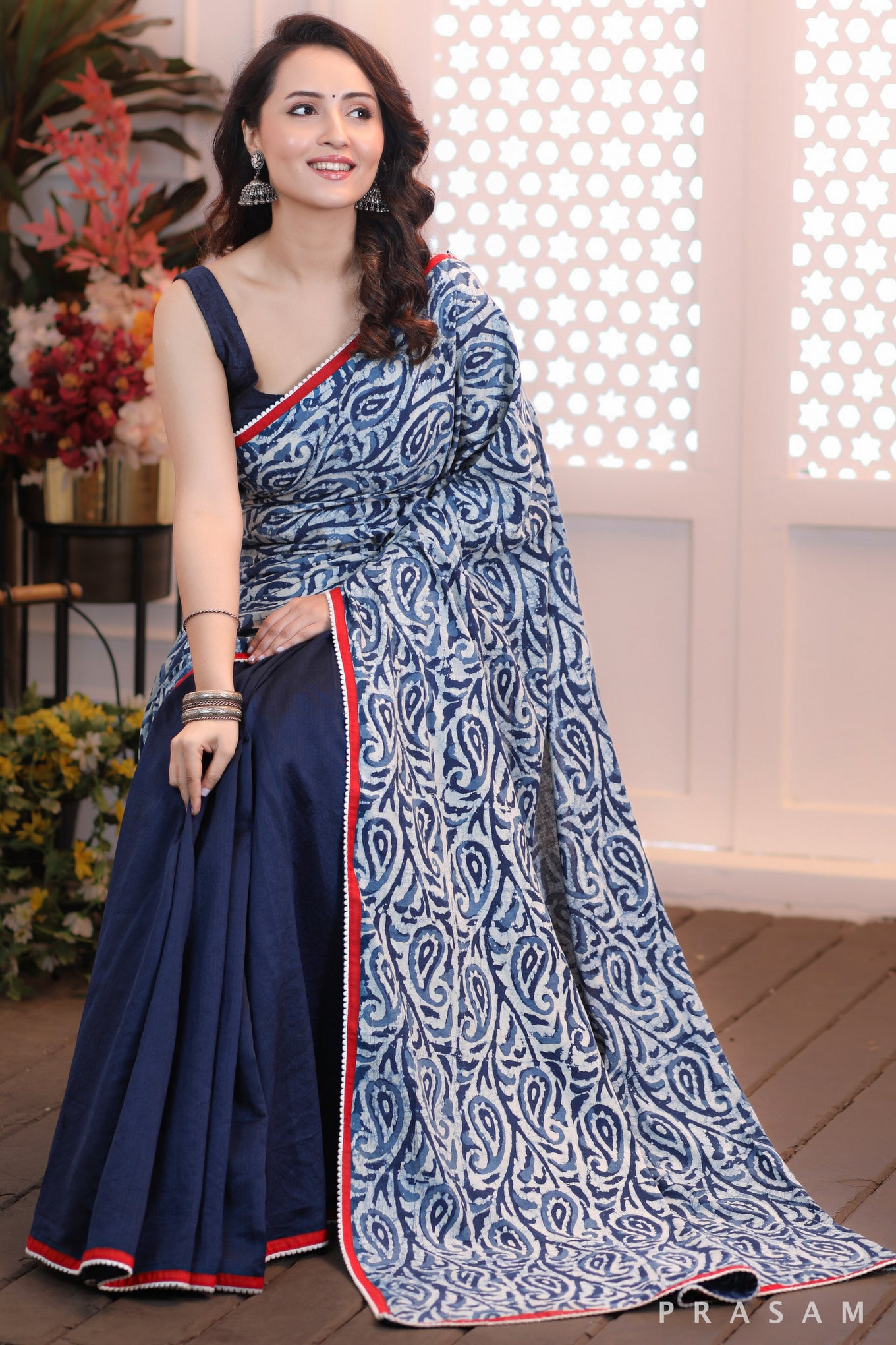 Ocean's Embrace  Stylish half and half cotton indigo and navy chanderi saree with red trims and lace