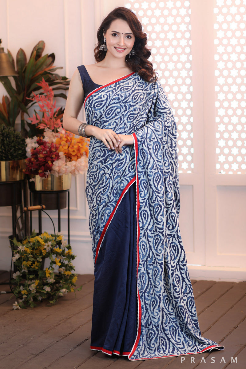 Ocean's Embrace  Stylish half and half cotton indigo and navy chanderi saree with red trims and lace