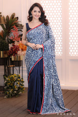 Ocean's Embrace  Stylish half and half cotton indigo and navy chanderi saree with red trims and lace