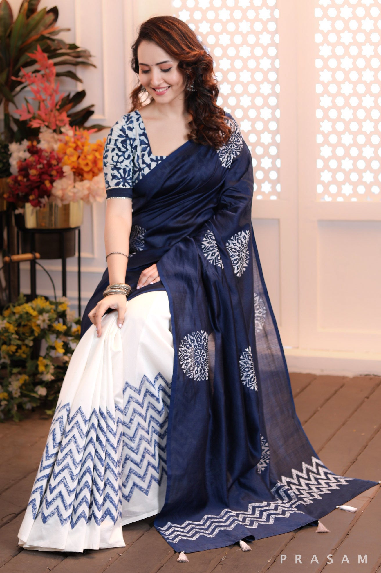 Serene Seascape Graceful half and half white and navy chanderi block printed saree Prasam Crafts