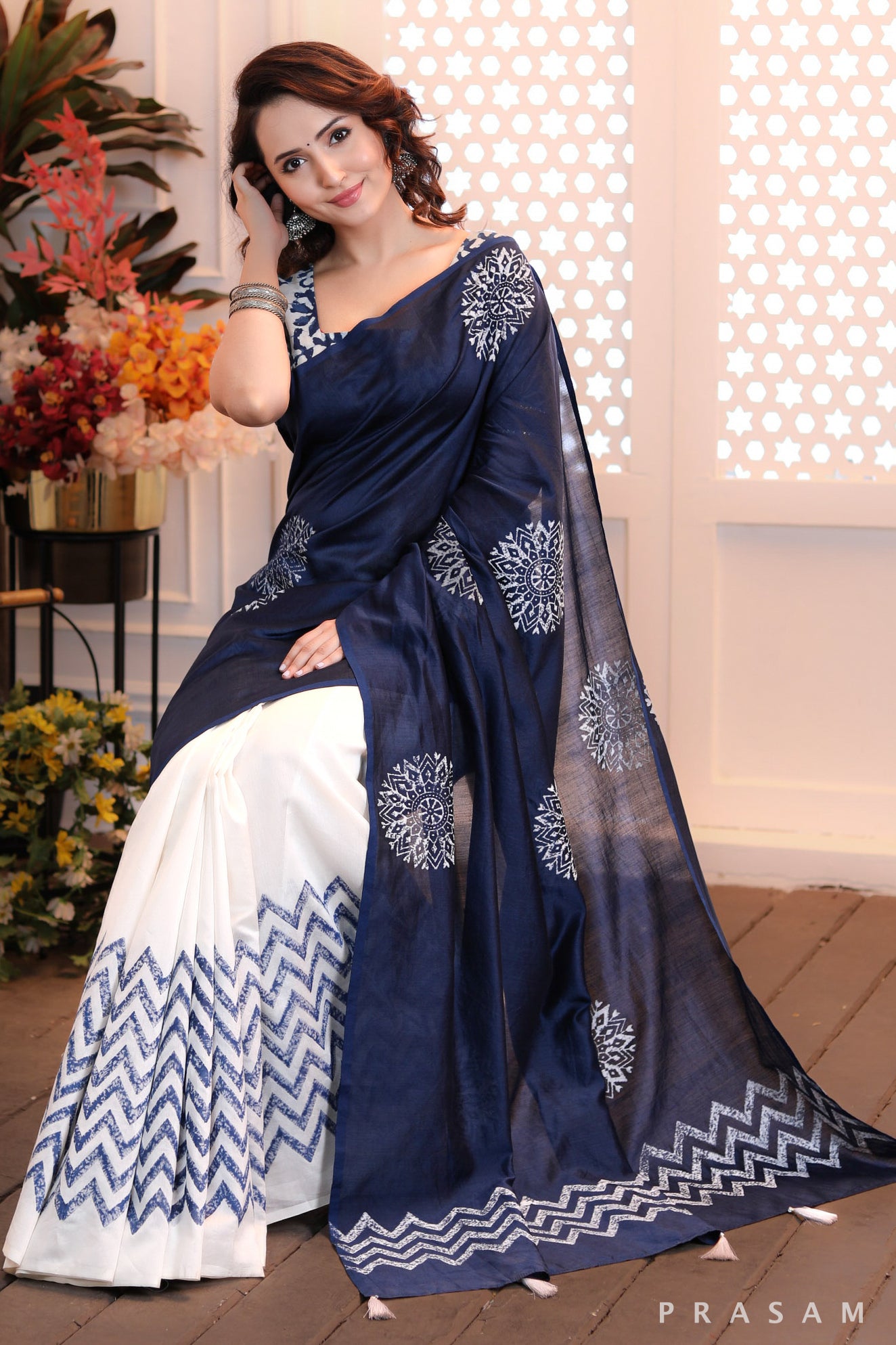 Serene Seascape Graceful half and half white and navy chanderi block printed saree Prasam Crafts