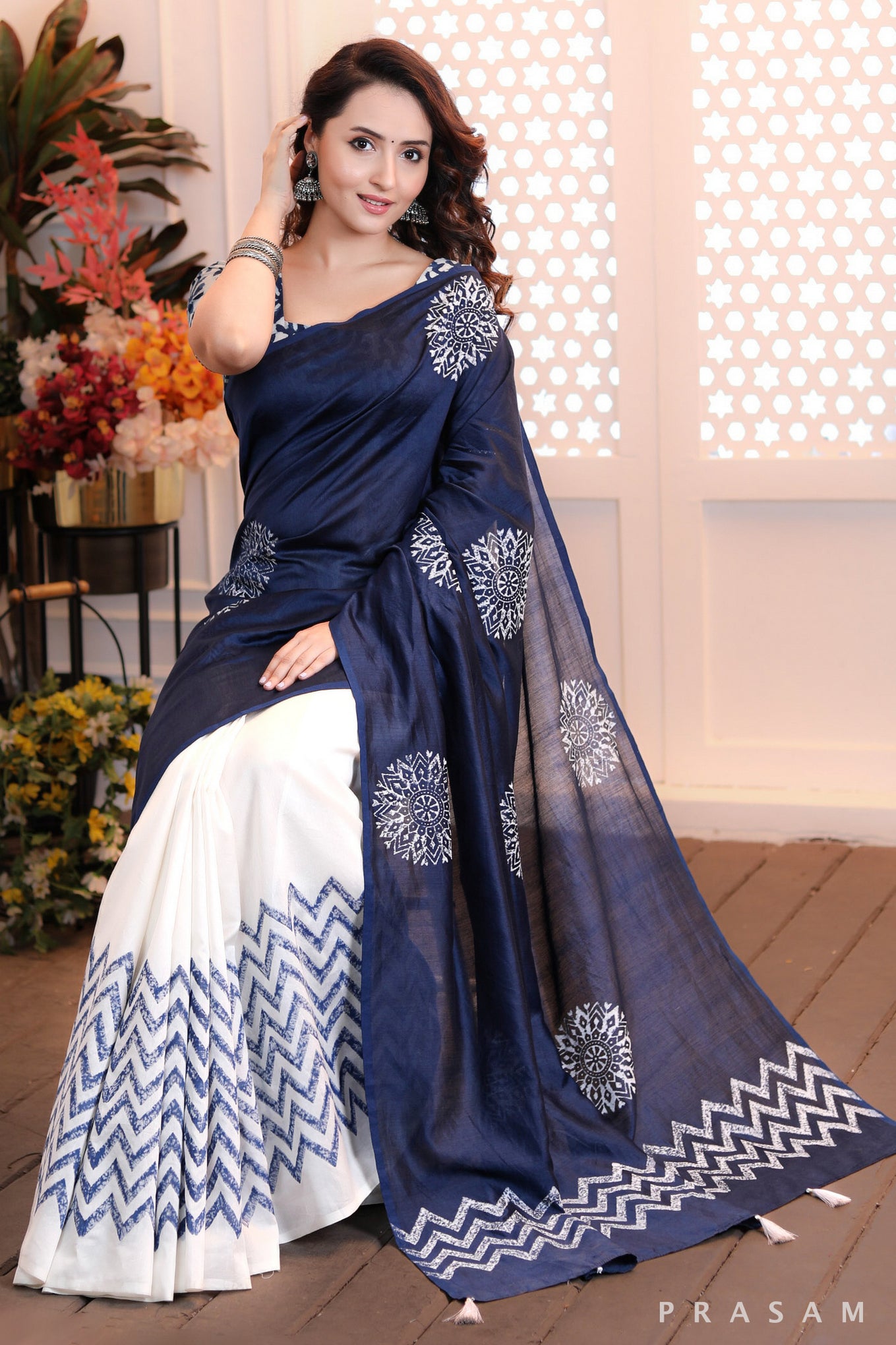 Serene Seascape Graceful half and half white and navy chanderi block printed saree Prasam Crafts