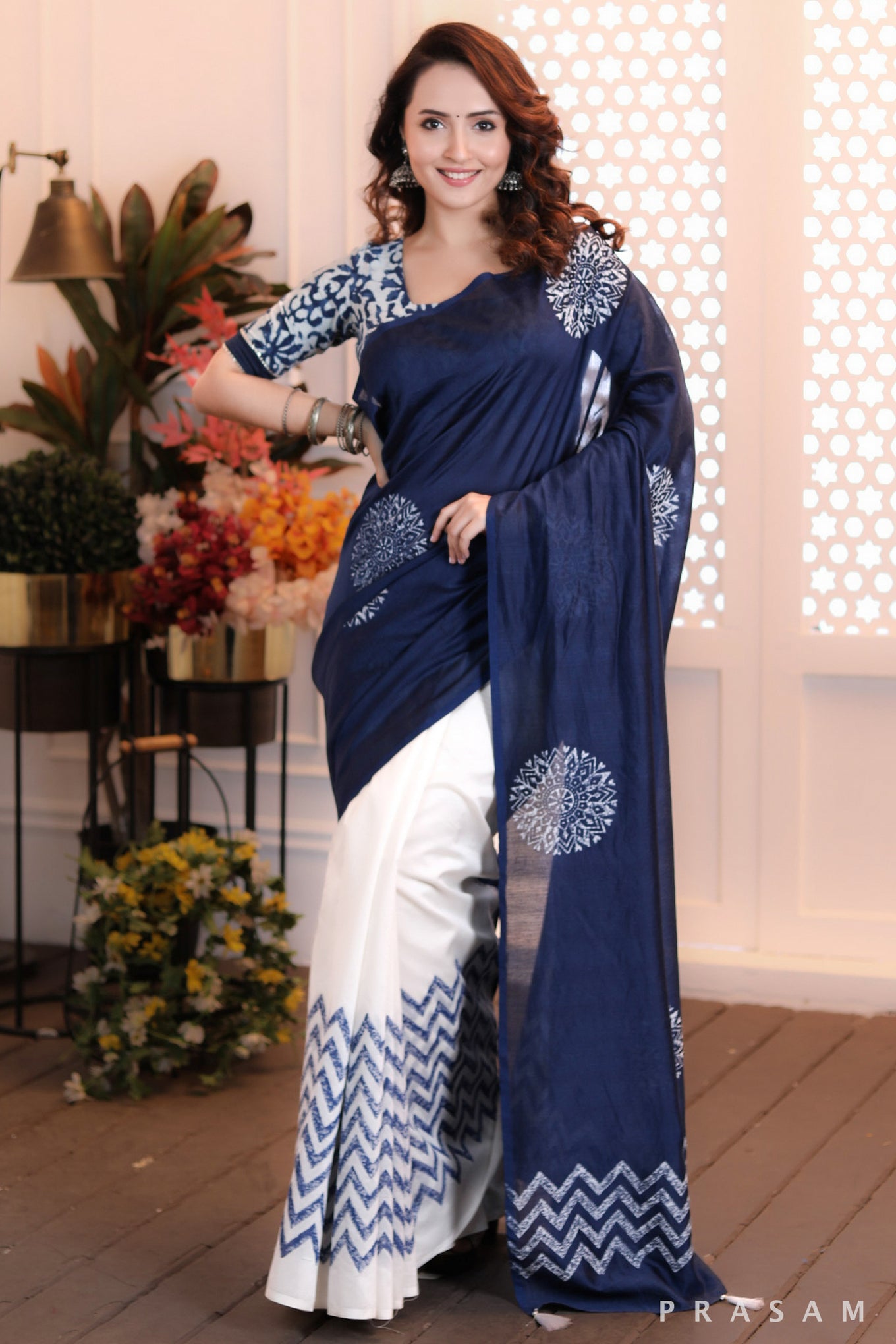 Serene Seascape Graceful half and half white and navy chanderi block printed saree Prasam Crafts