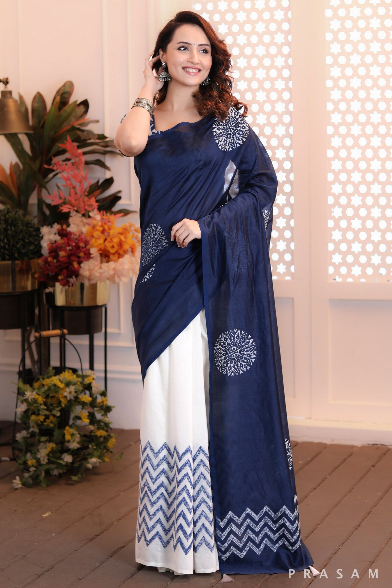 Serene Seascape Graceful half and half white and navy chanderi block printed saree Prasam Crafts