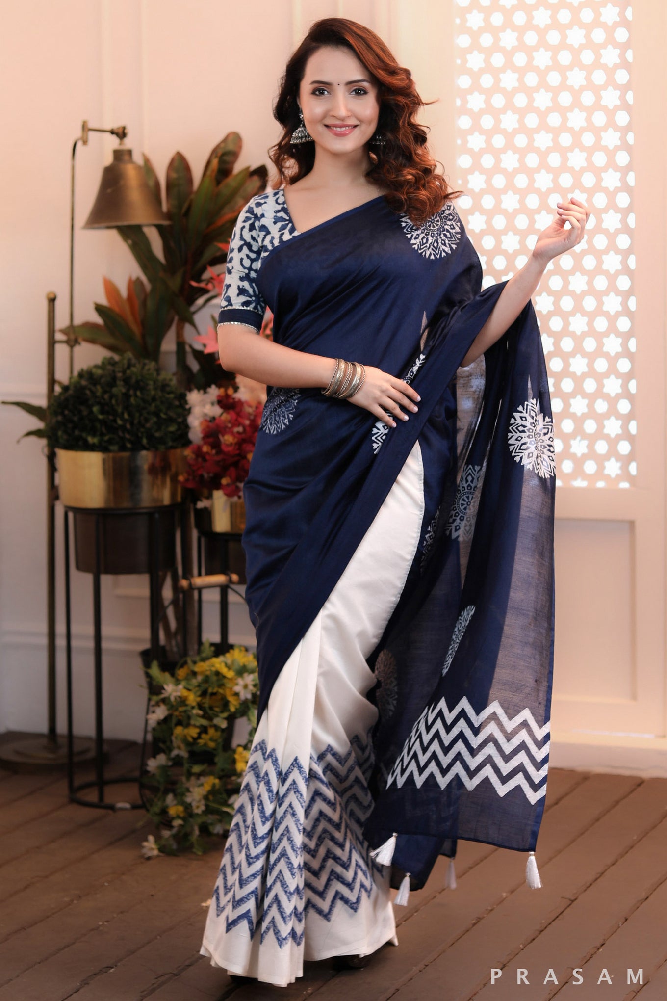 Serene Seascape Graceful half and half white and navy chanderi block printed saree Prasam Crafts