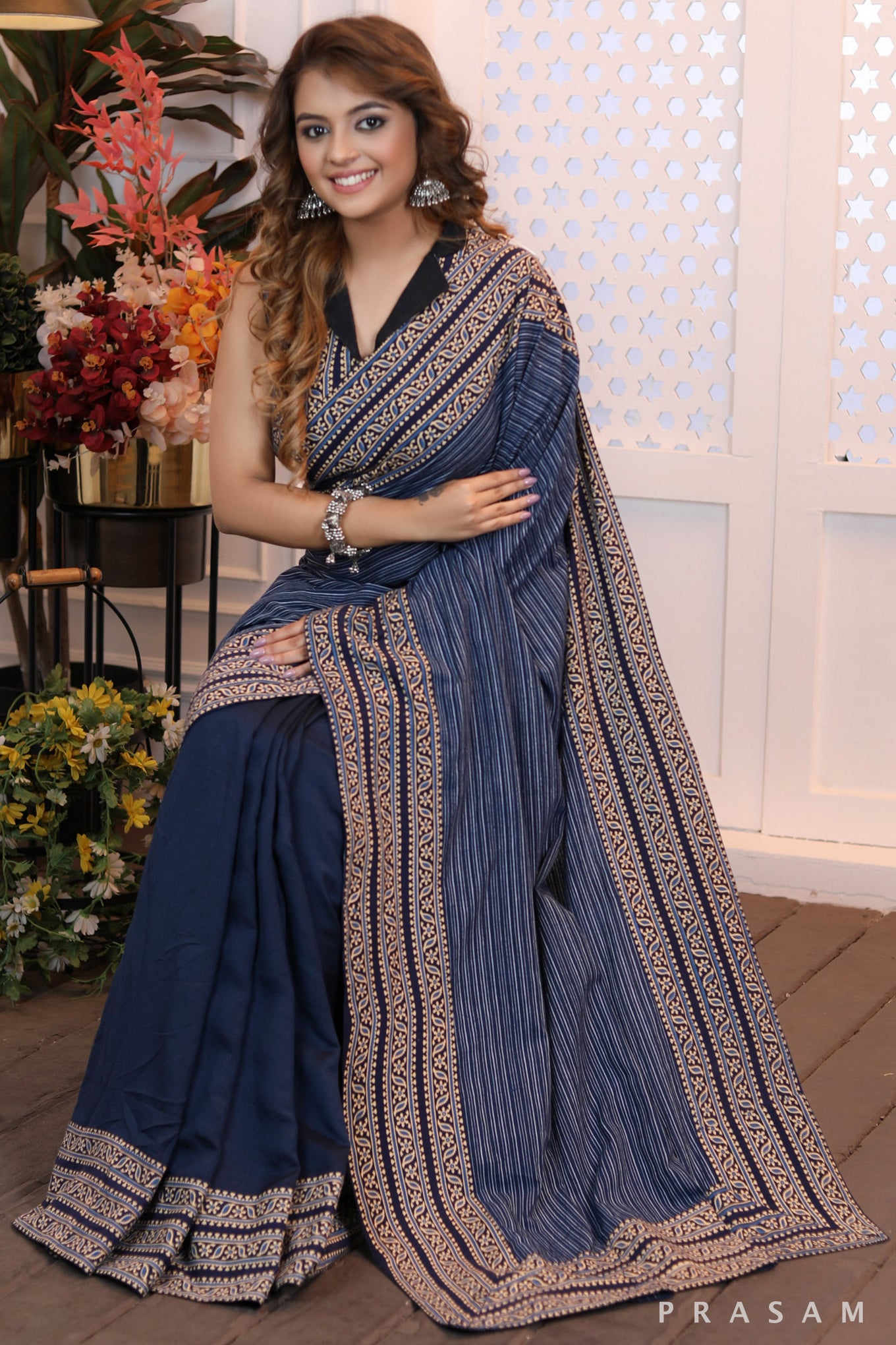 Sapphire Serenade Formal half & half chanderi and cotton mix and cotton ajrakh borders