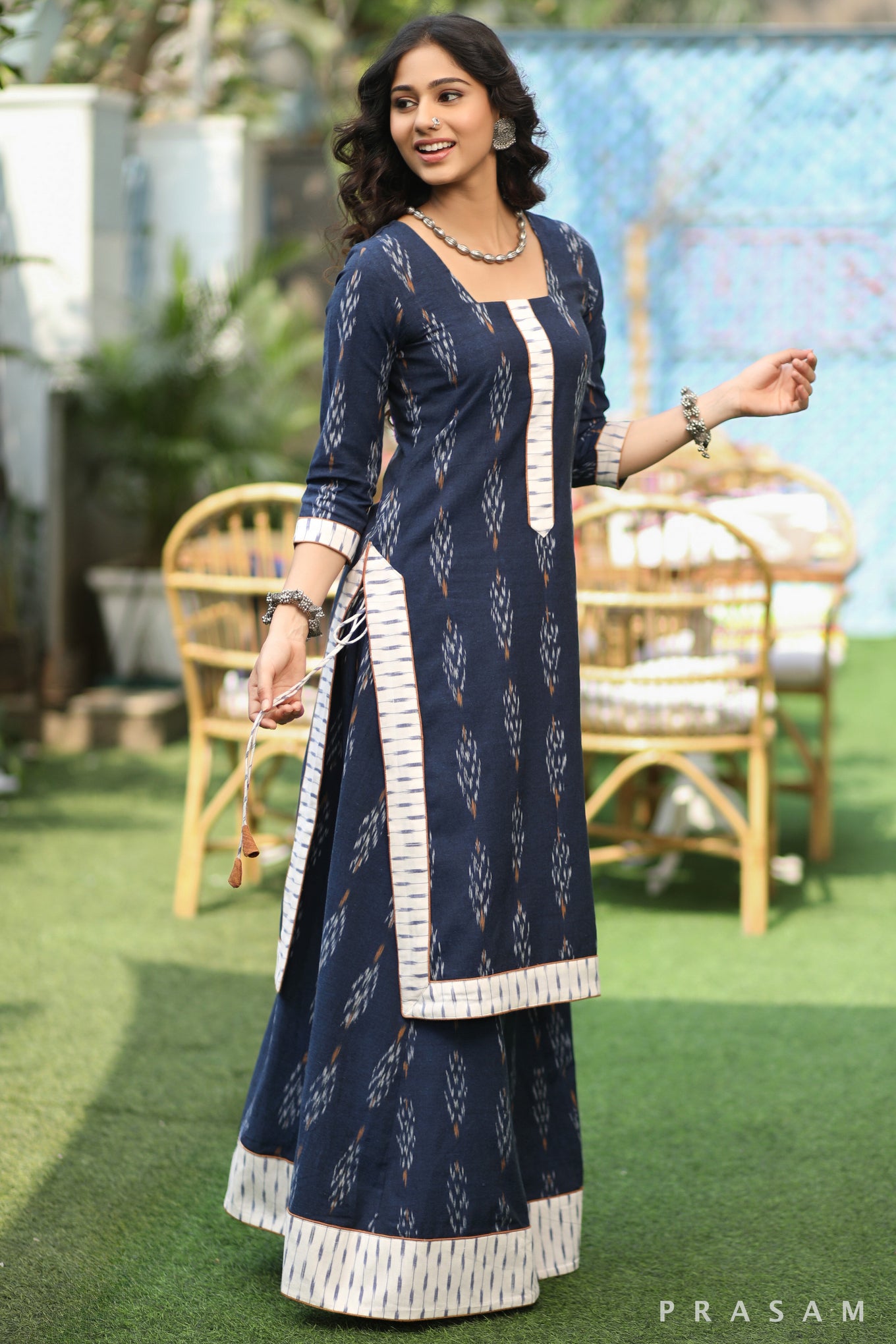 Majestic Peacock Blue Ethnically Exclusive Ikat Kurta With Skirt Bottom Set