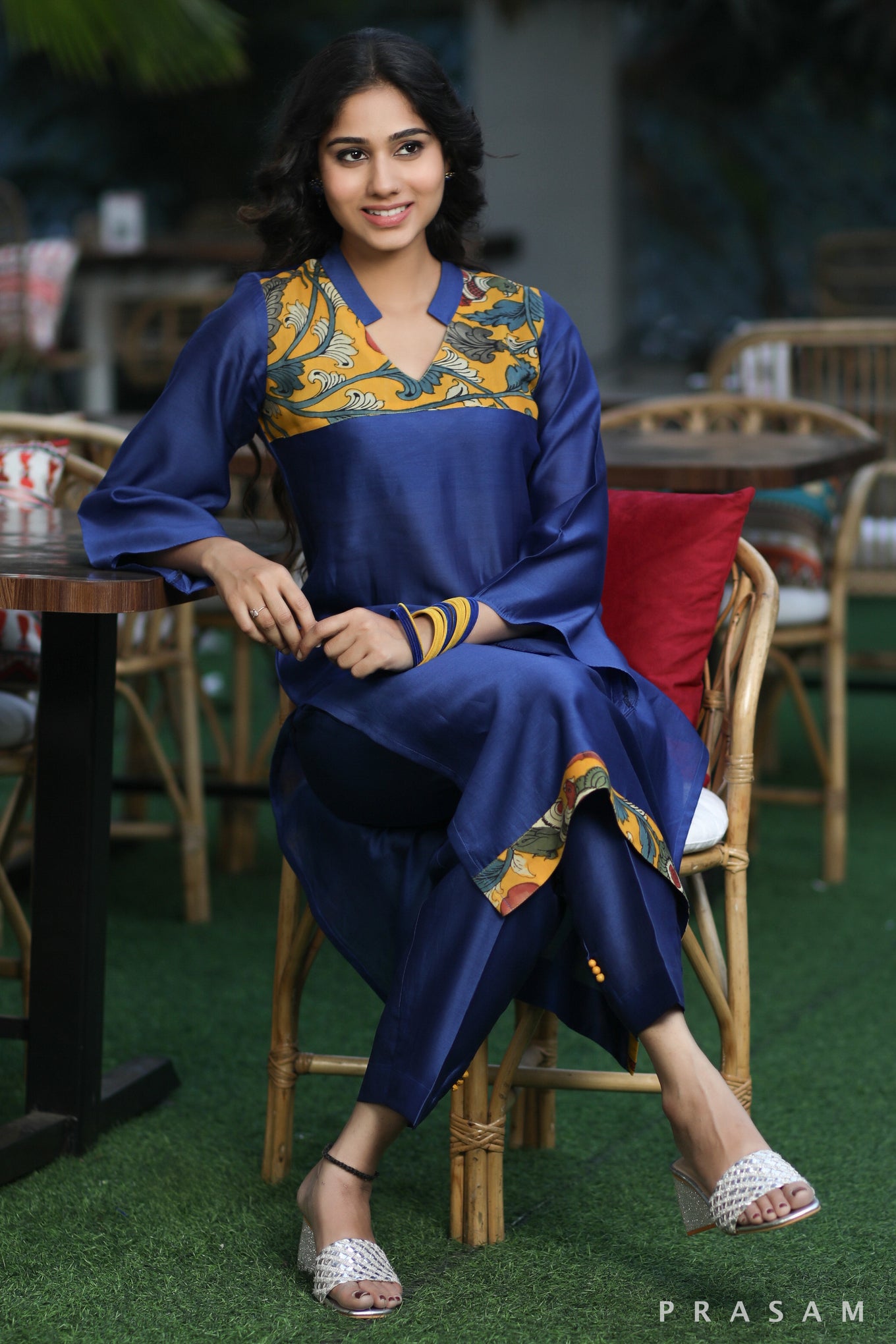 Majestic Moonstone  Classic Ink Blue Chanderi Silk Kurti Set With Kalamkari Trims