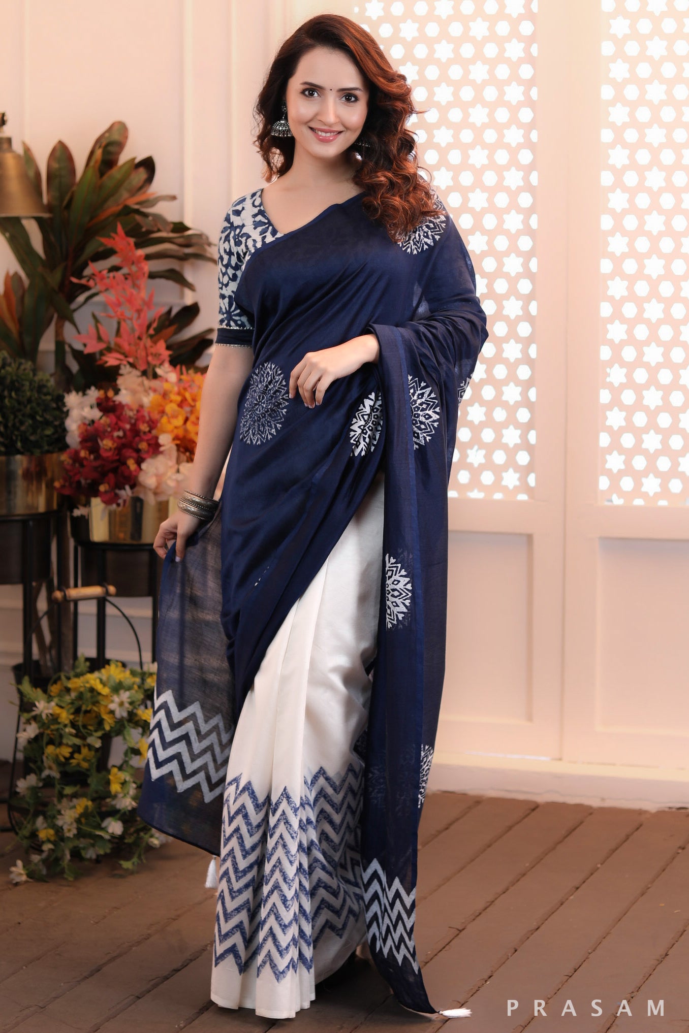 Serene Seascape Graceful half and half white and navy chanderi block printed saree Prasam Crafts