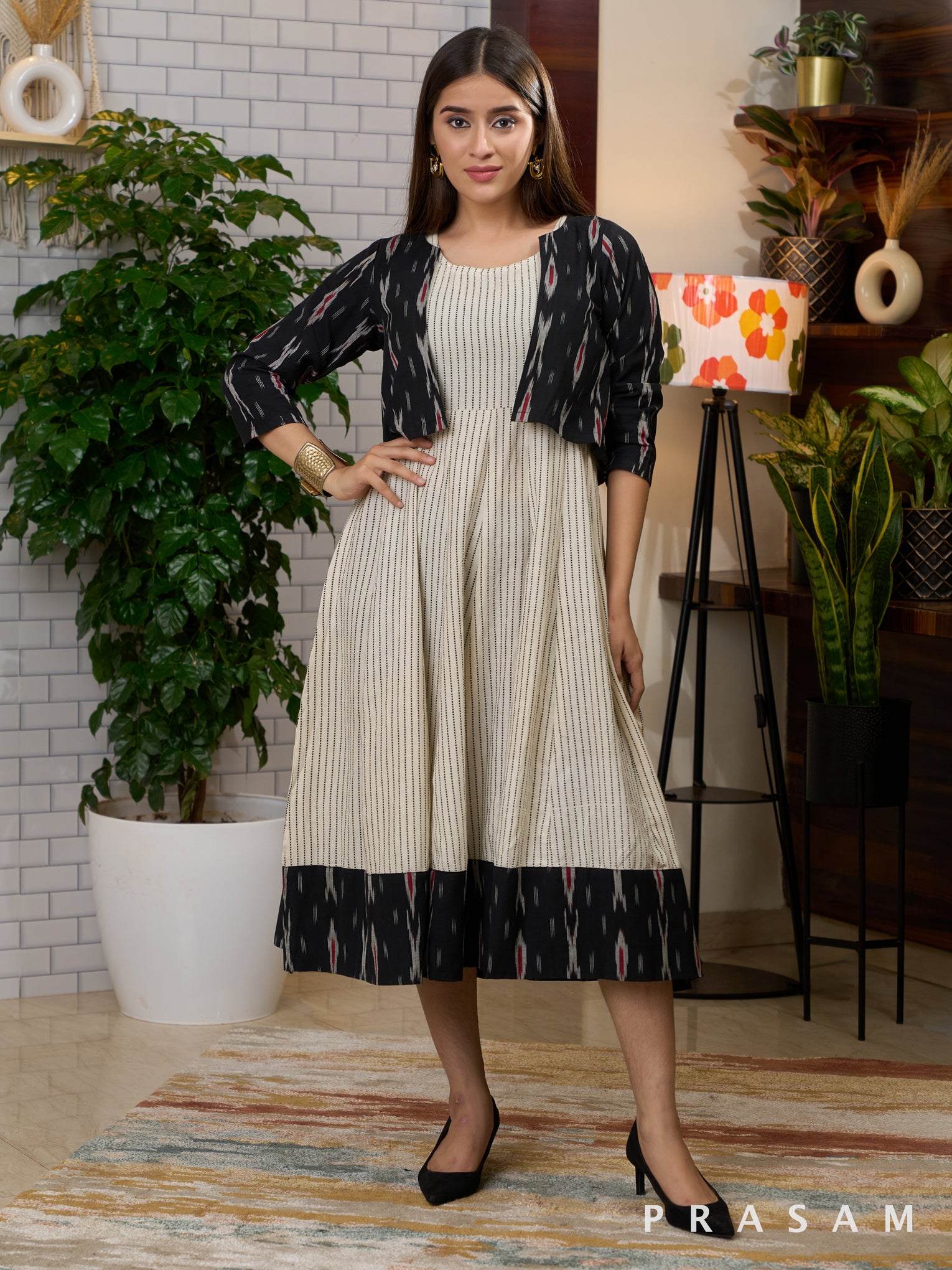 Stripe Symphony Dress With Ikat Daaman and Jacket