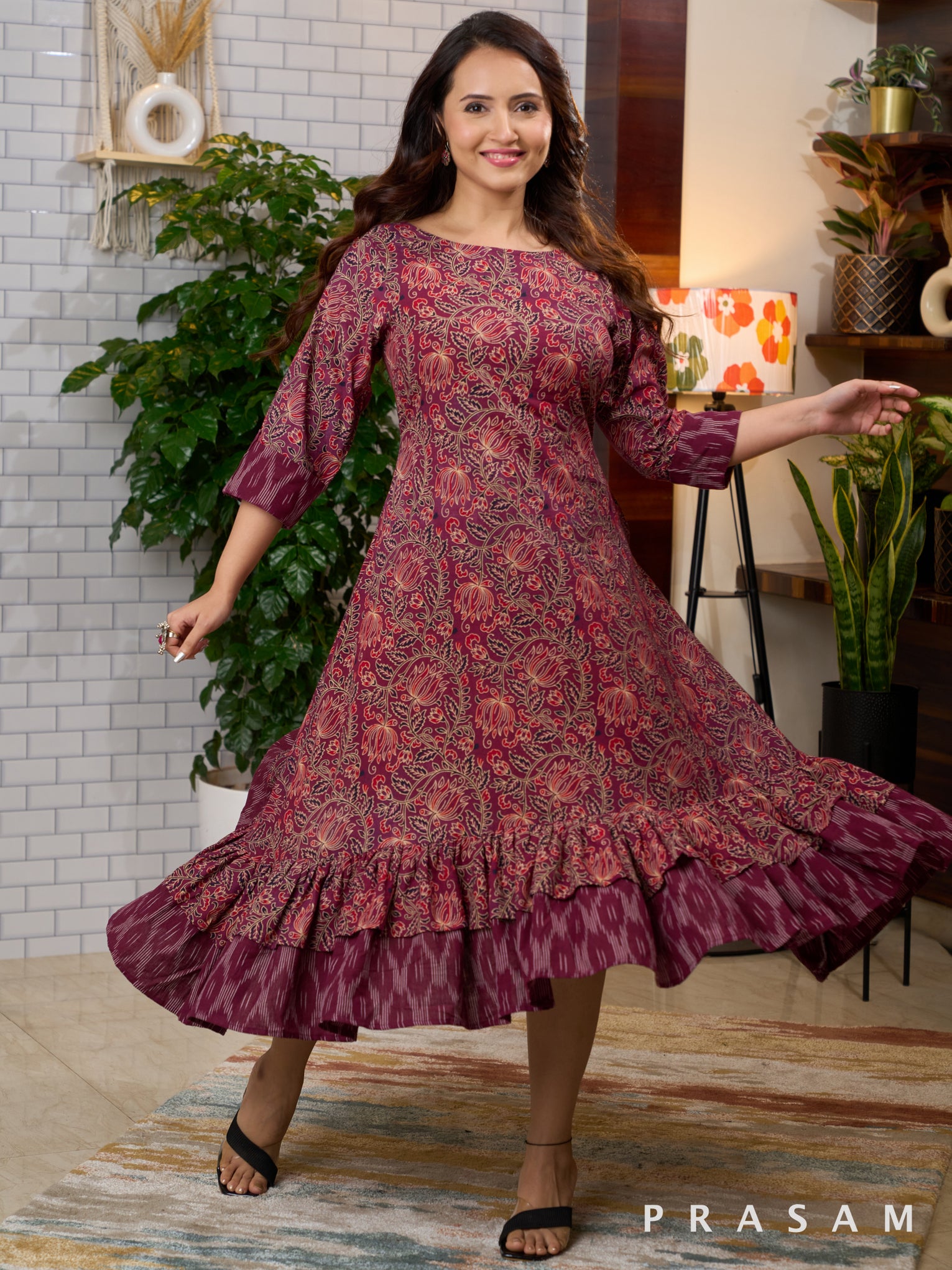 Berry Lush Ajrakh Dress with Ikat Trims