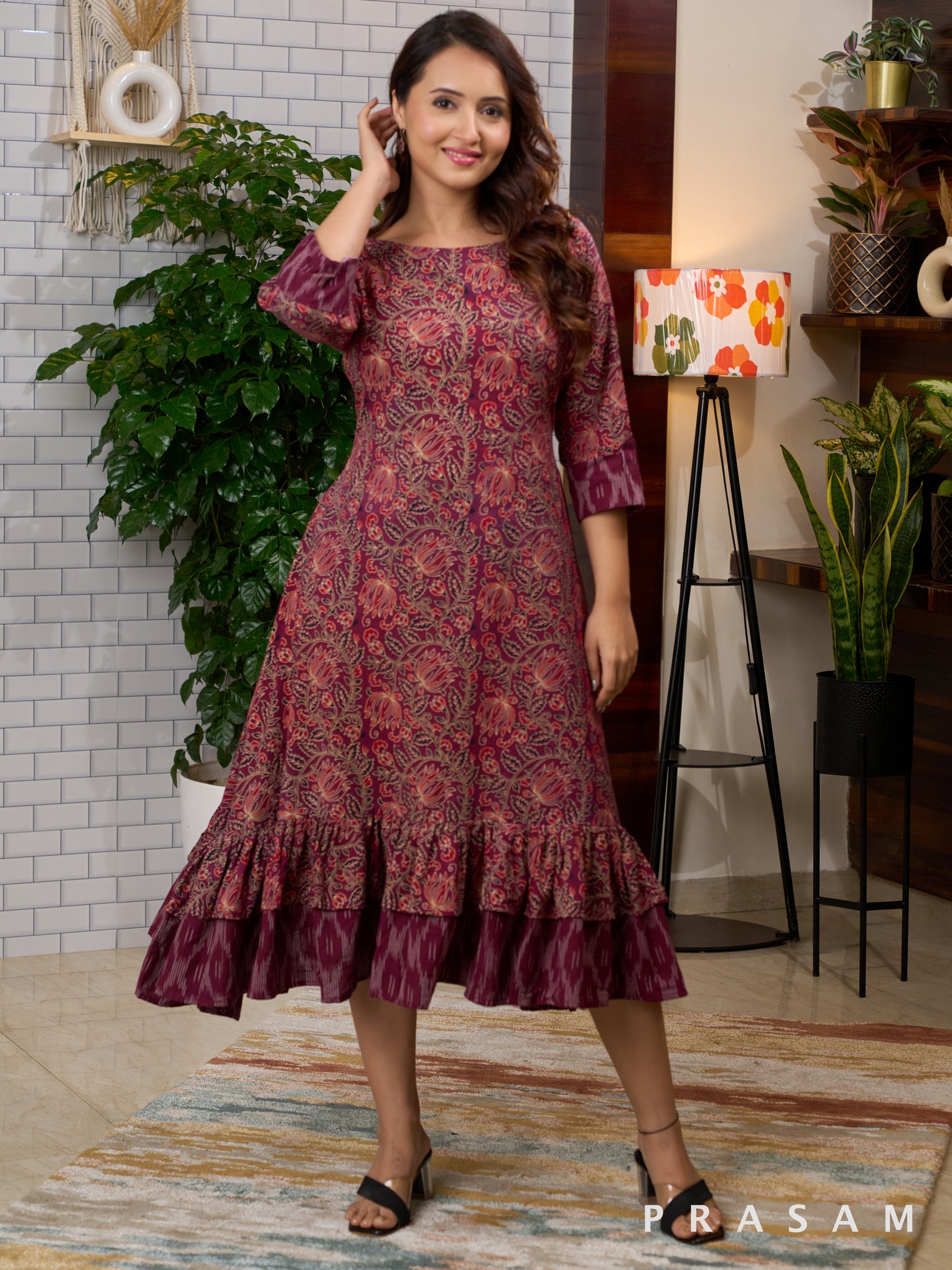 Berry Lush Ajrakh Dress with Ikat Trims