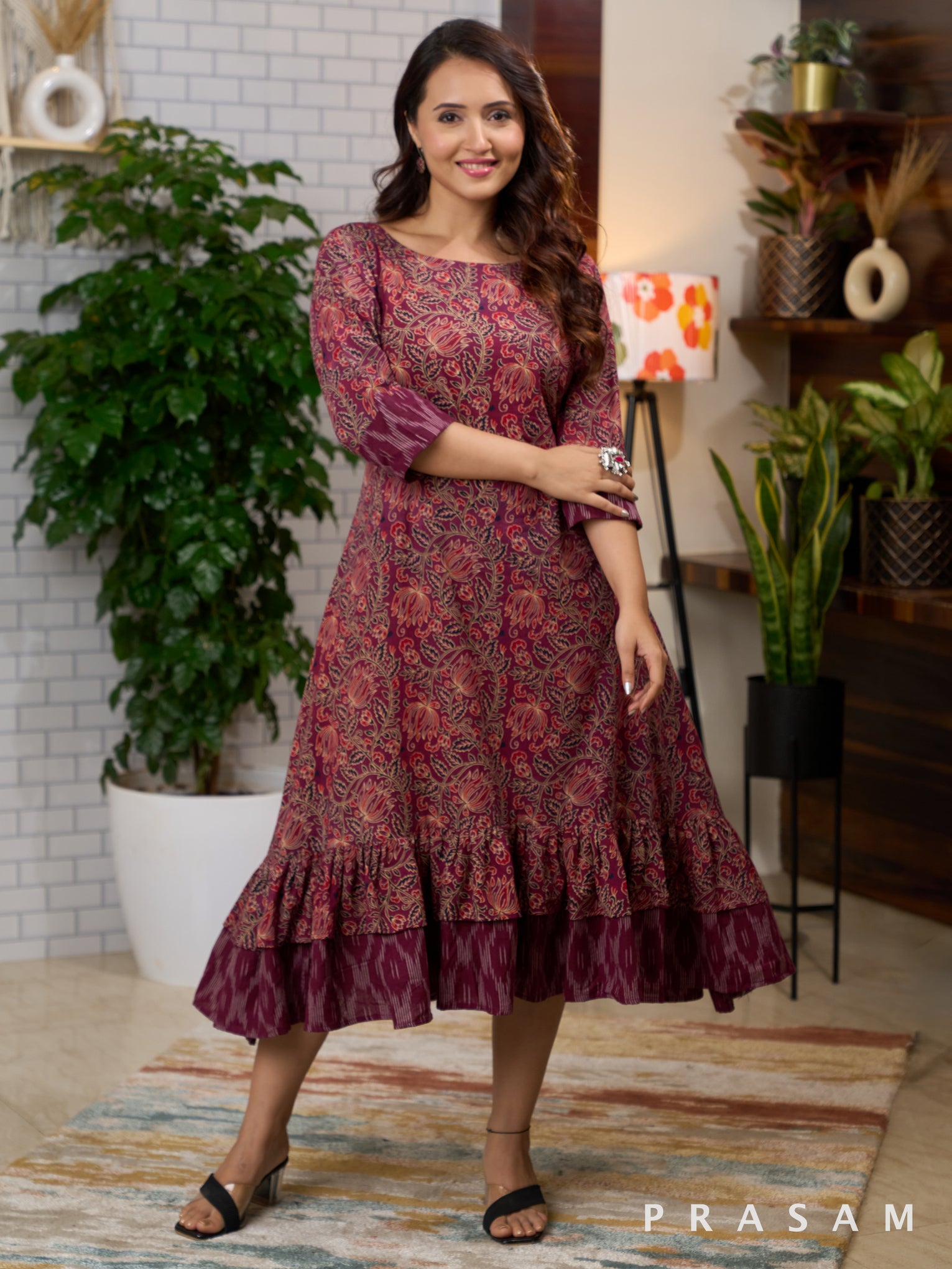 Berry Lush Ajrakh Dress with Ikat Trims