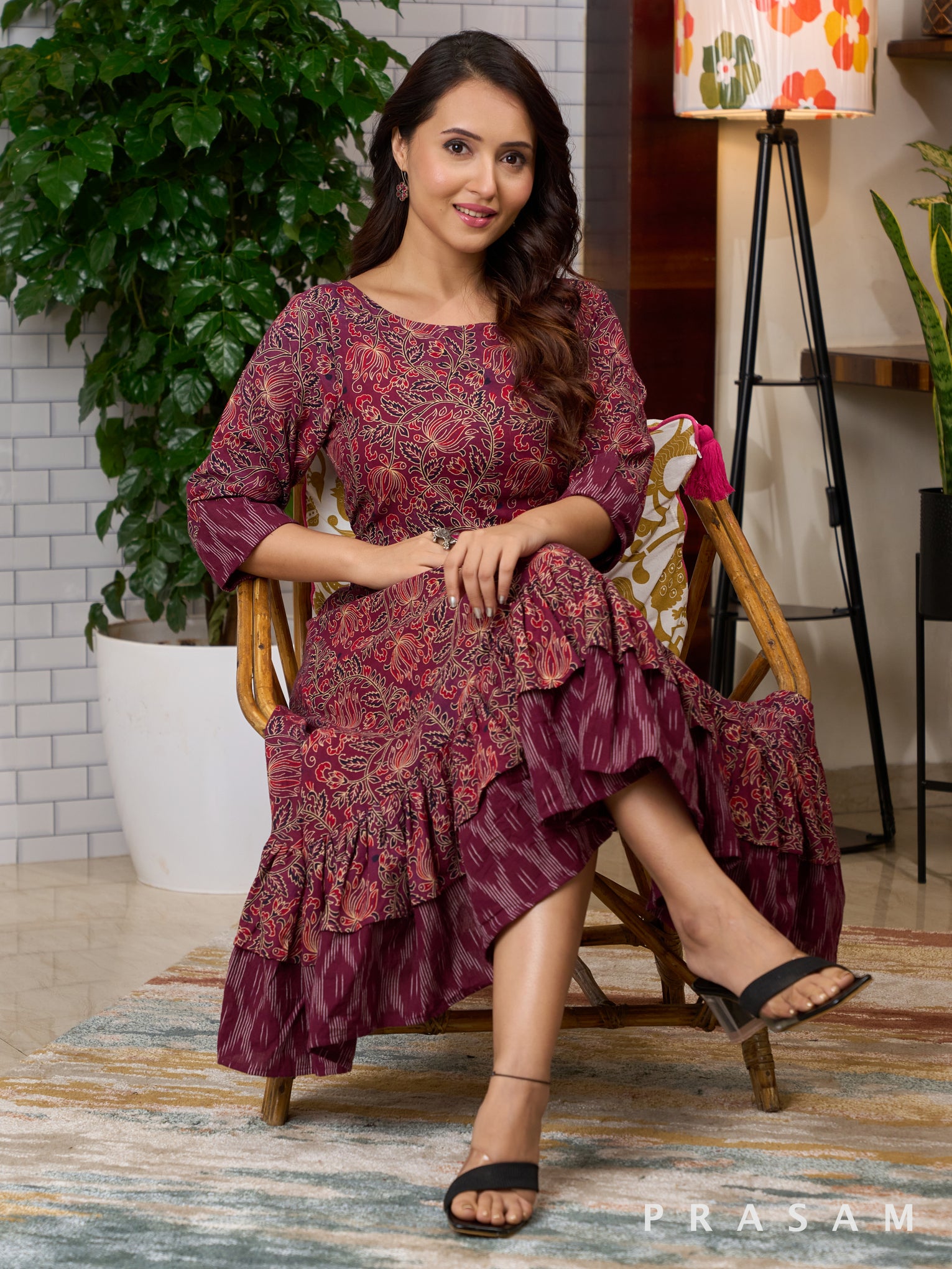 Berry Lush Ajrakh Dress with Ikat Trims