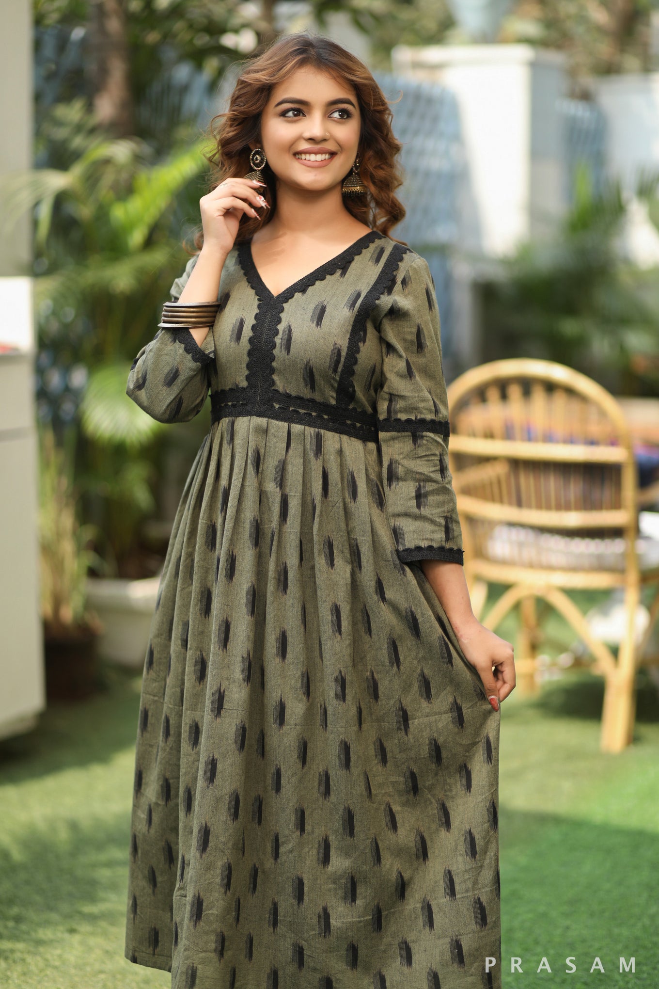 Crafted Charm Trendy Mehandi Green Ikat Kurti With Black Lace Trims (Optional Pants)