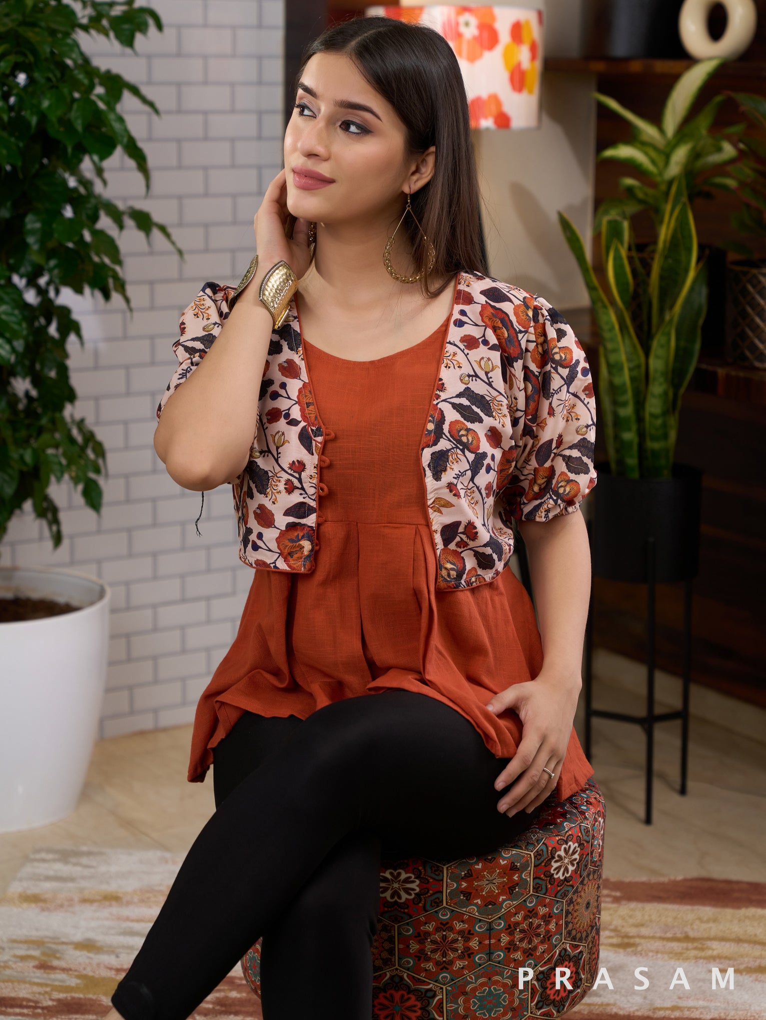 Rust Potters Handloom Tunic with Printed Muslin Jacket