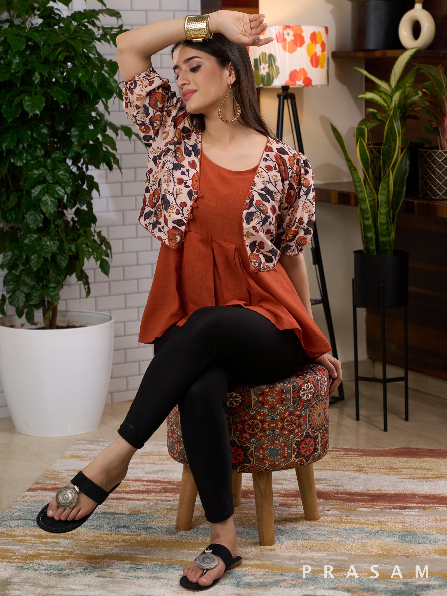 Rust Potters Handloom Tunic with Printed Muslin Jacket