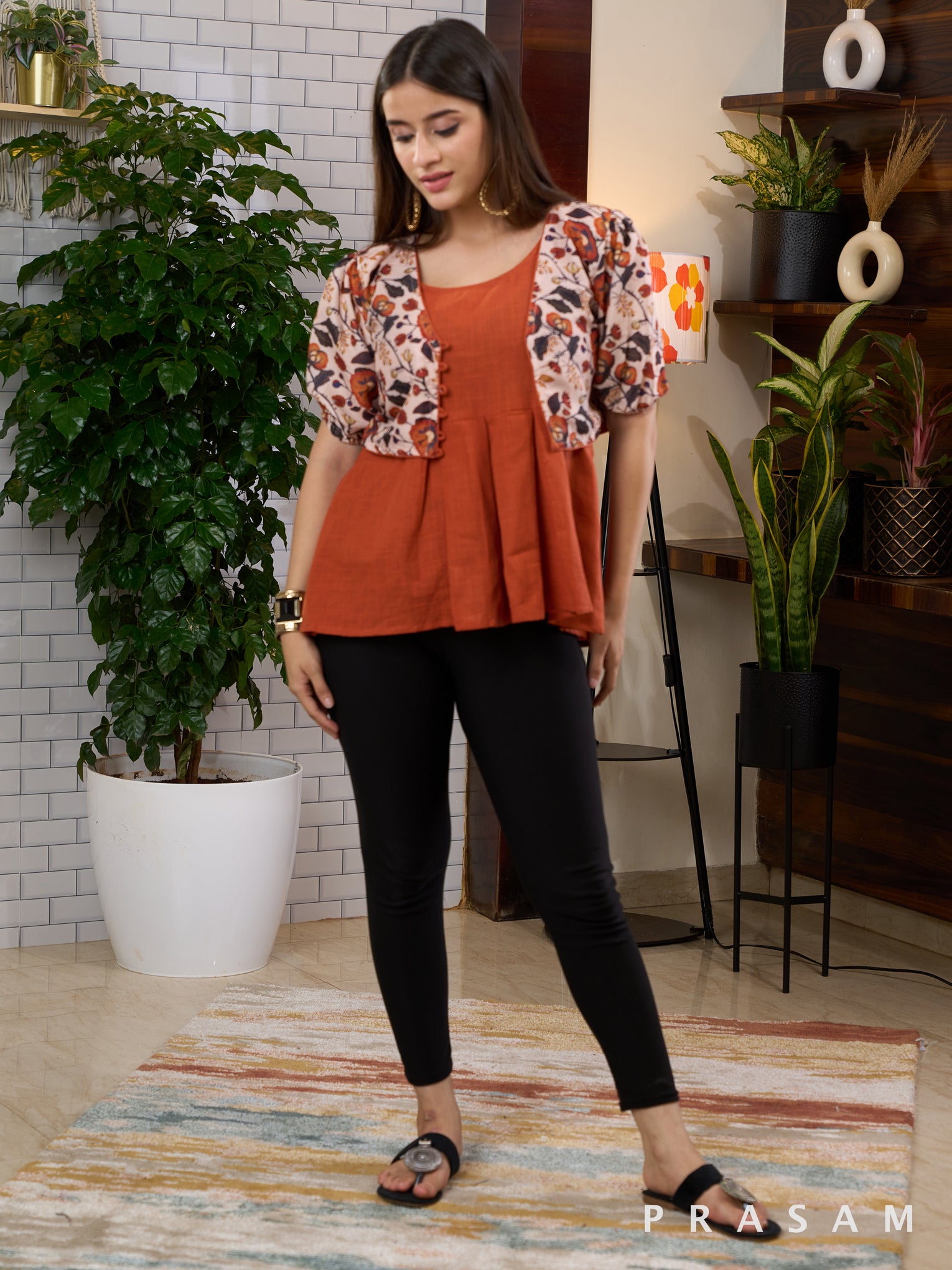 Rust Potters Handloom Tunic with Printed Muslin Jacket