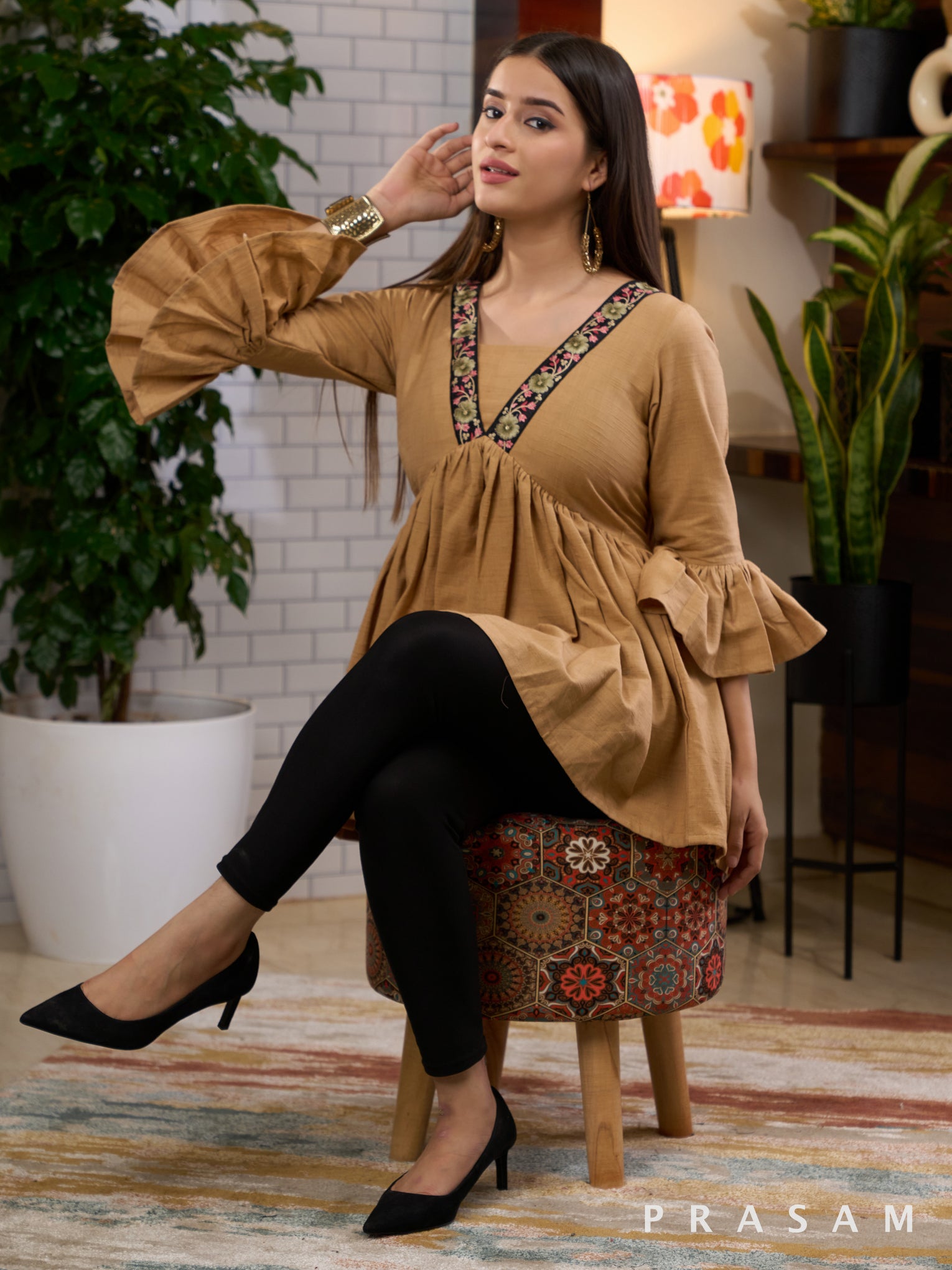 Sand Beige Handloom Tunic With Lace