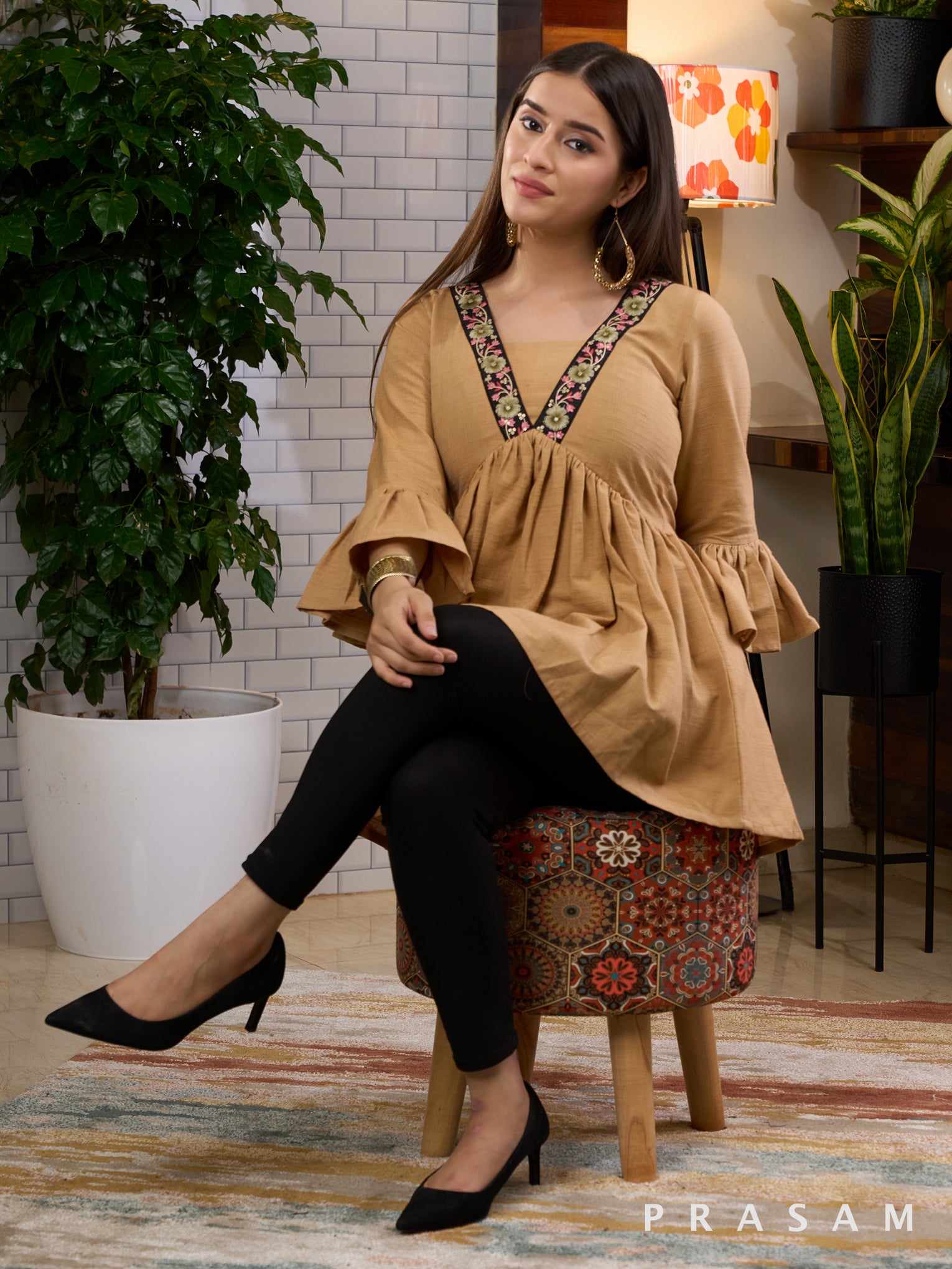 Sand Beige Handloom Tunic With Lace