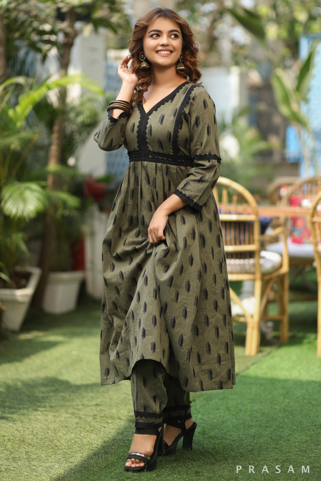 Crafted Charm Trendy Mehandi Green Ikat Kurti With Black Lace Trims (Optional Pants)