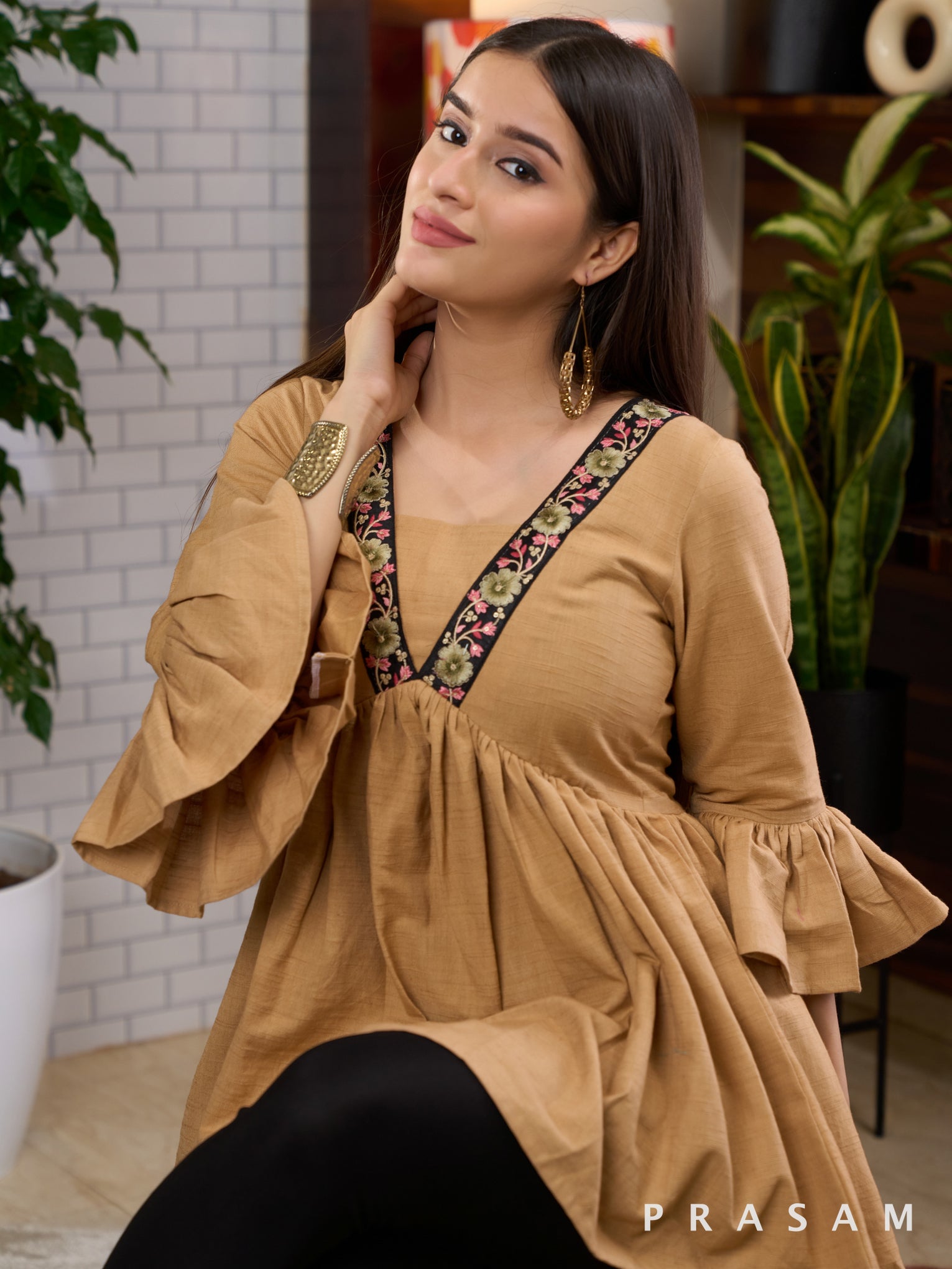 Sand Beige Handloom Tunic With Lace