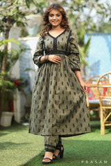 Crafted Charm Trendy Mehandi Green Ikat Kurti With Black Lace Trims (Optional Pants)