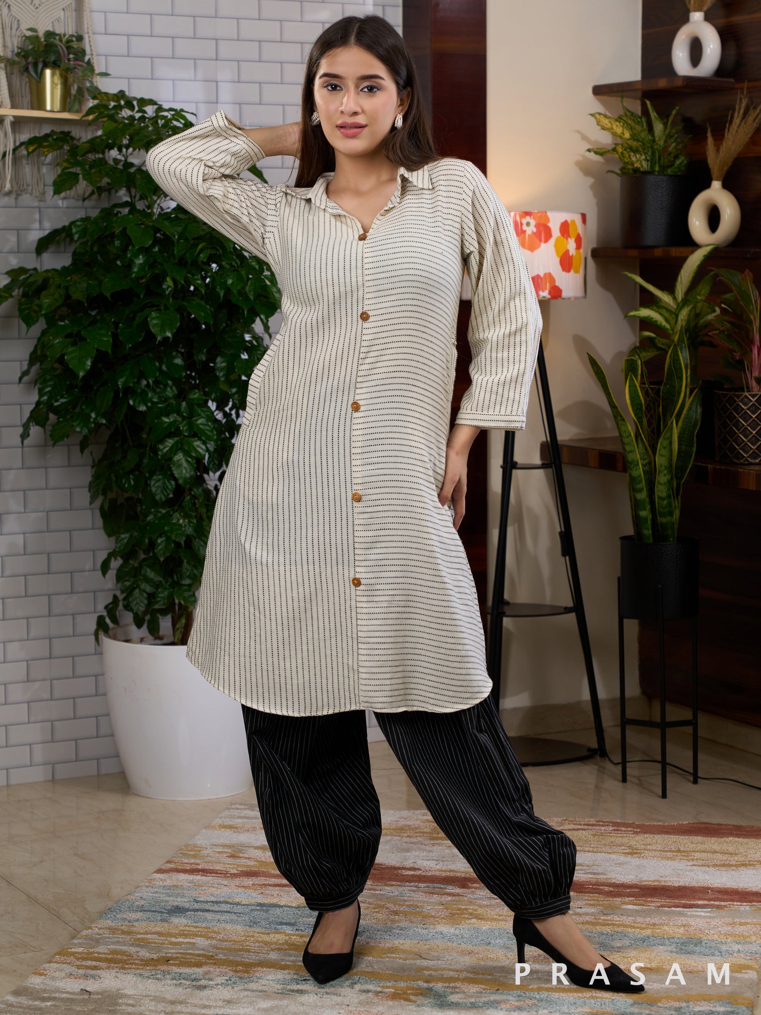 Pearl & Graphite Striped Cotton Kurta Set