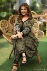 Crafted Charm Trendy Mehandi Green Ikat Kurti With Black Lace Trims (Optional Pants)