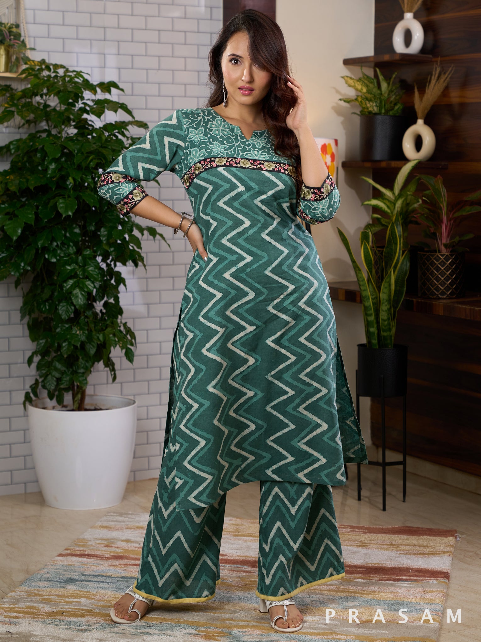 Jade Bagru Green Printed Kurti Set With Lace Trims