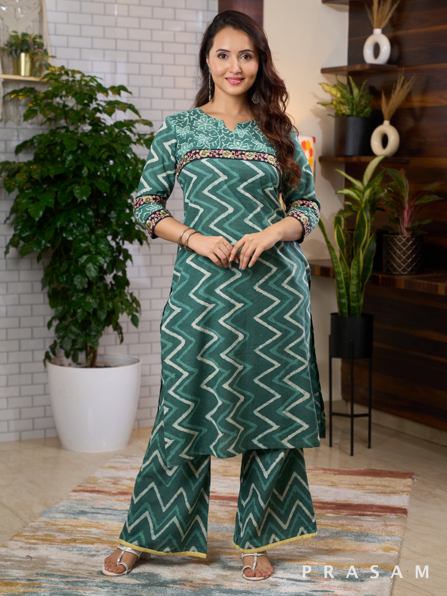 Jade Bagru Green Printed Kurti Set With Lace Trims