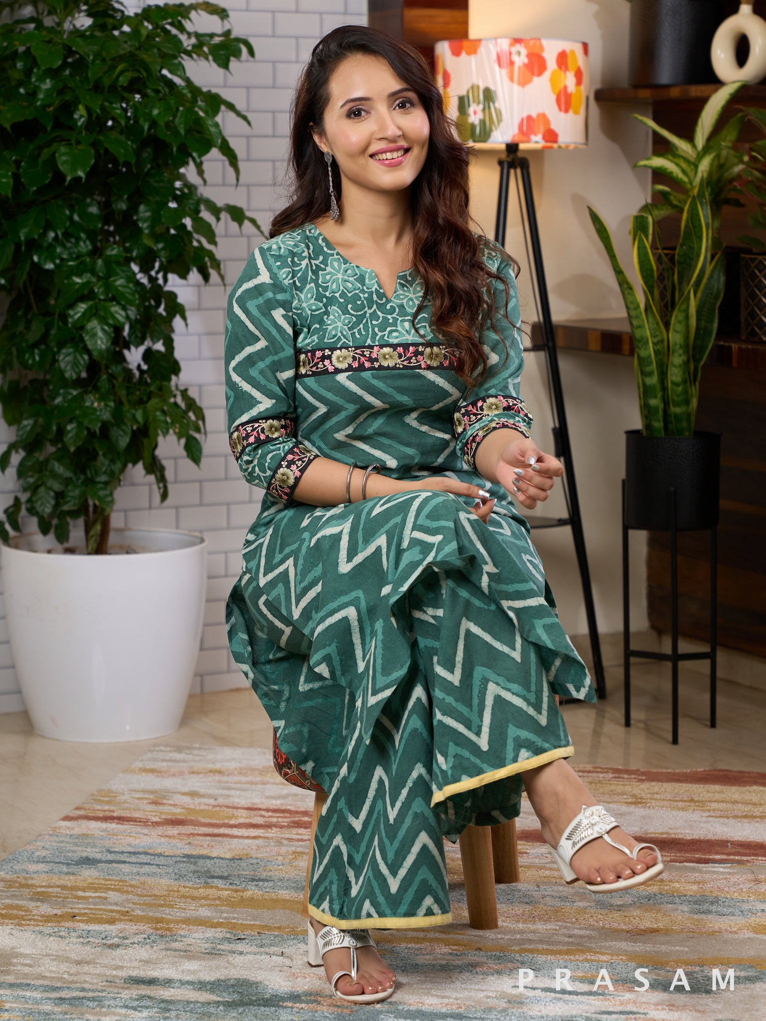 Jade Bagru Green Printed Kurti Set With Lace Trims