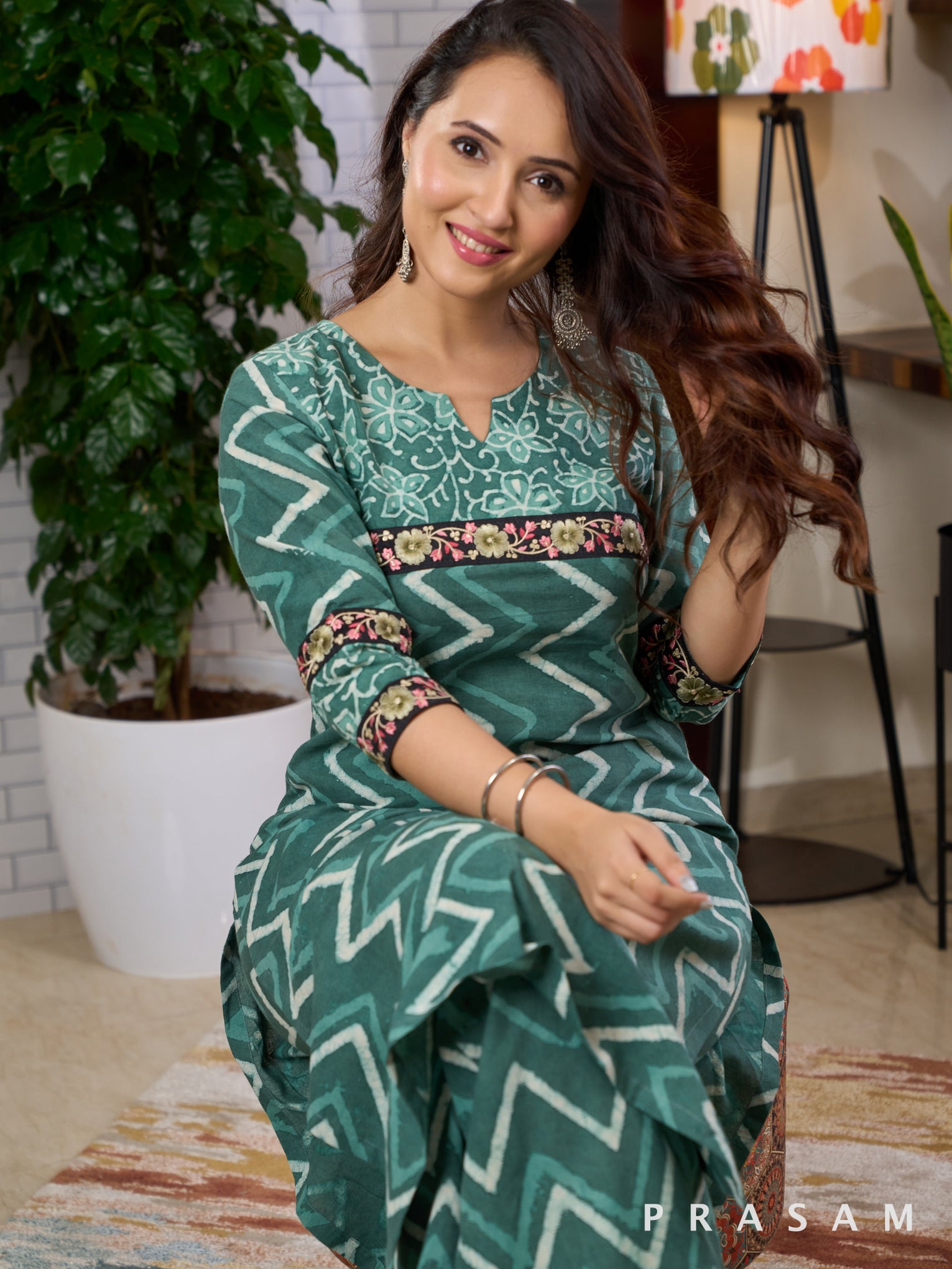 Jade Bagru Green Printed Kurti Set With Lace Trims