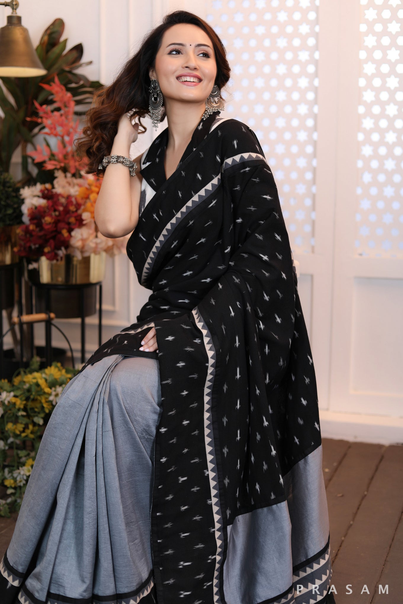 Majestic moonlight Fusion grey chanderi saree with ikat pallu and ajrakh trims (Readymade blouse optional)