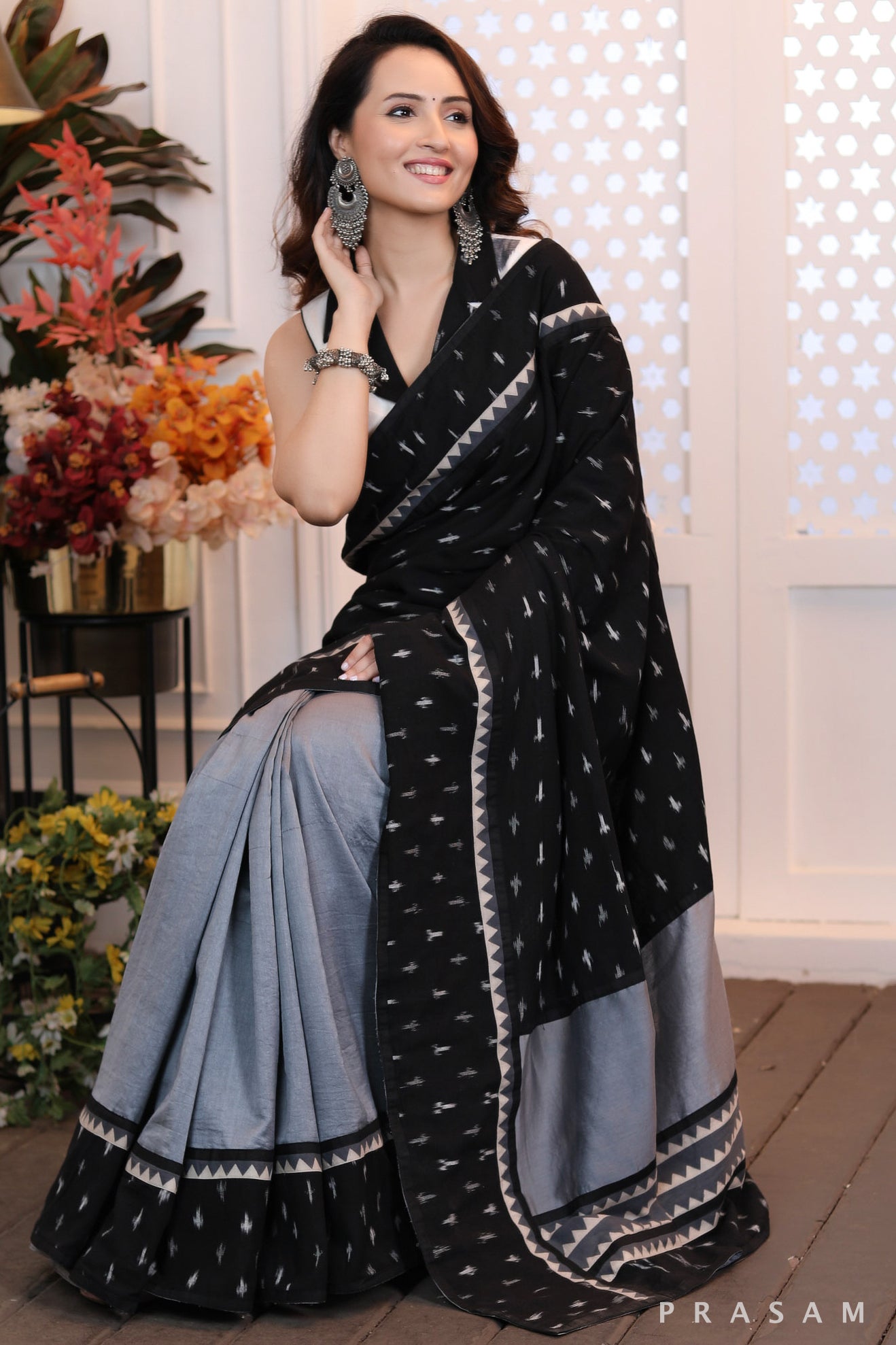 Majestic moonlight Fusion grey chanderi saree with ikat pallu and ajrakh trims (Readymade blouse optional)