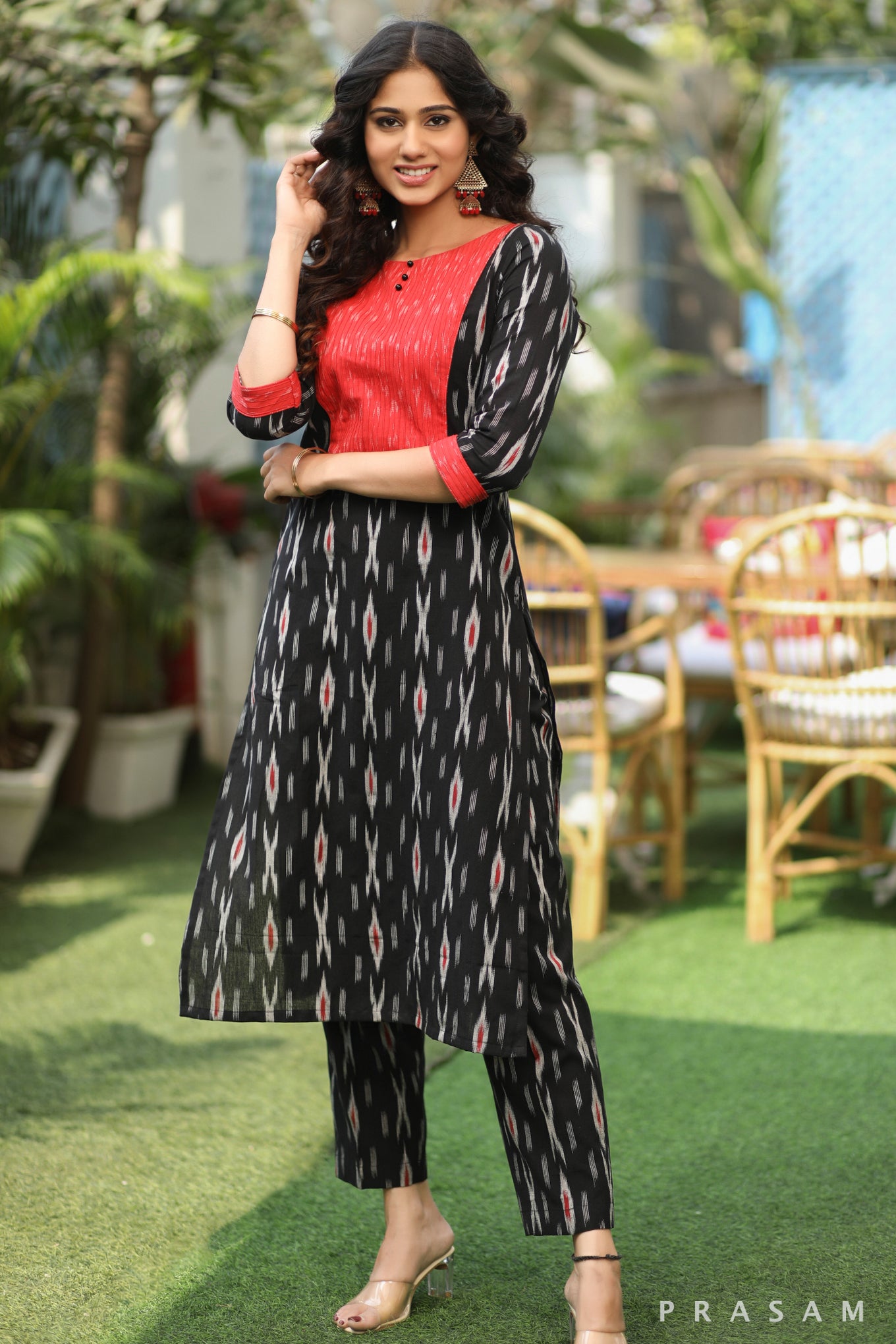 Black Bean Must Have Black Handloom Cotton Red Ikat Yoke  Kurti with Pants