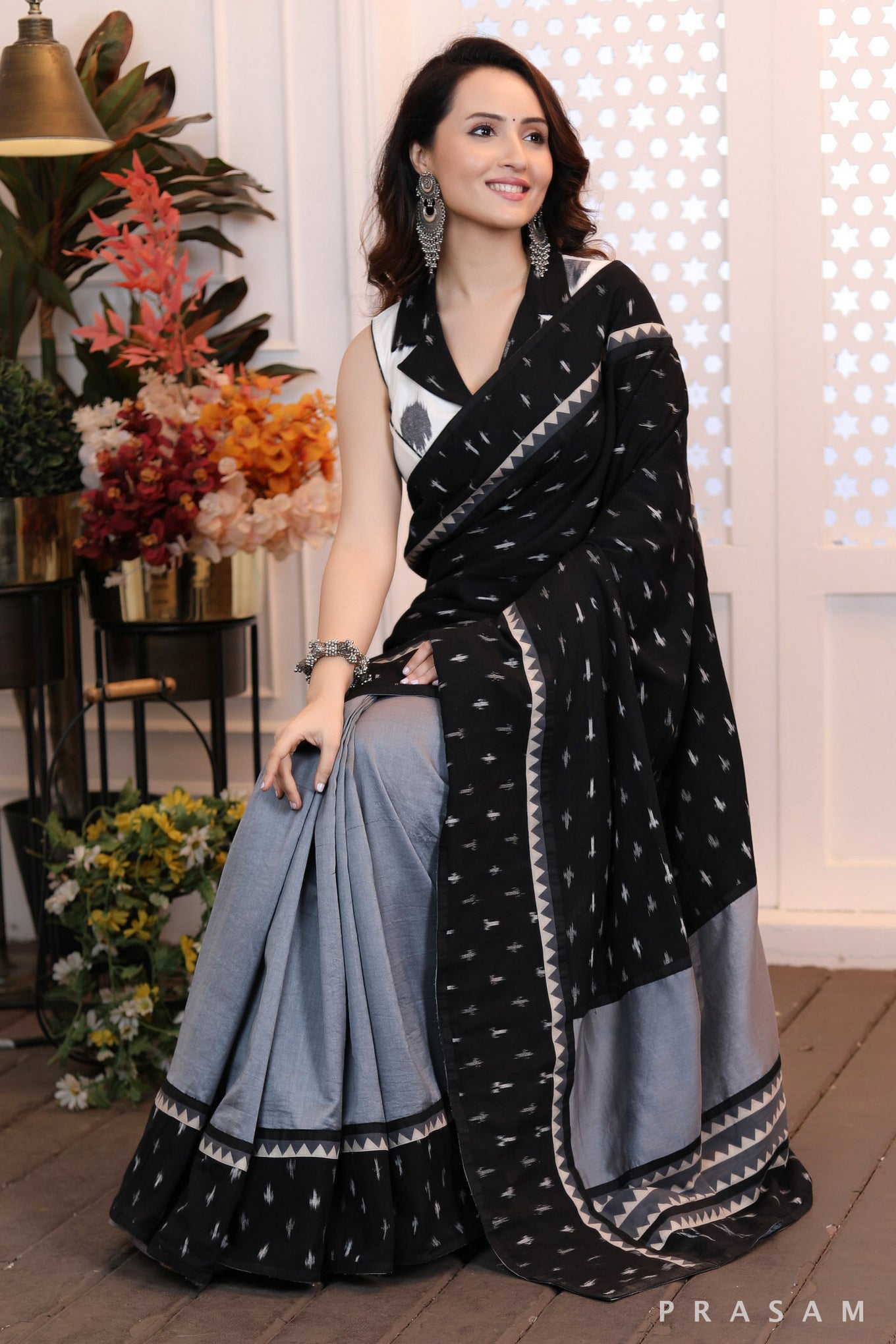 Majestic moonlight Fusion grey chanderi saree with ikat pallu and ajrakh trims (Readymade blouse optional)