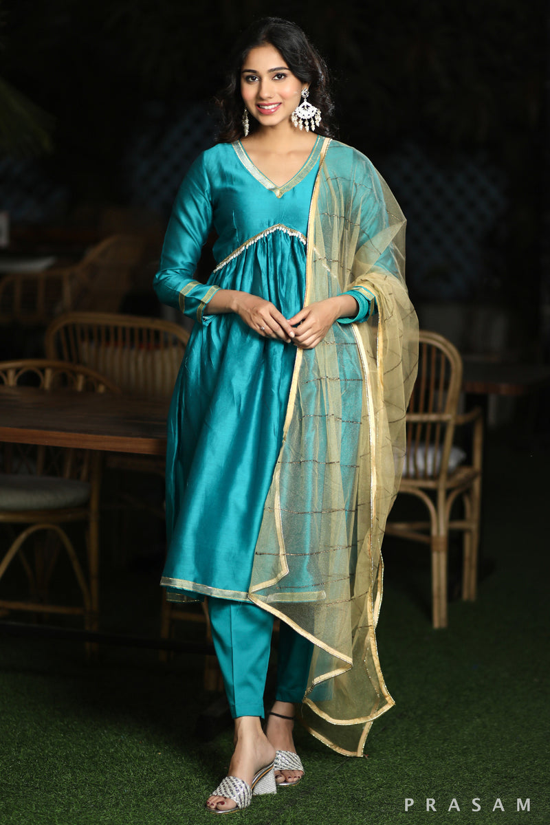 Glamour & Grace - Vibrant Chanderi Silk Kurta Set With Gathers And Ethnic Lace (Dupatta Optional)