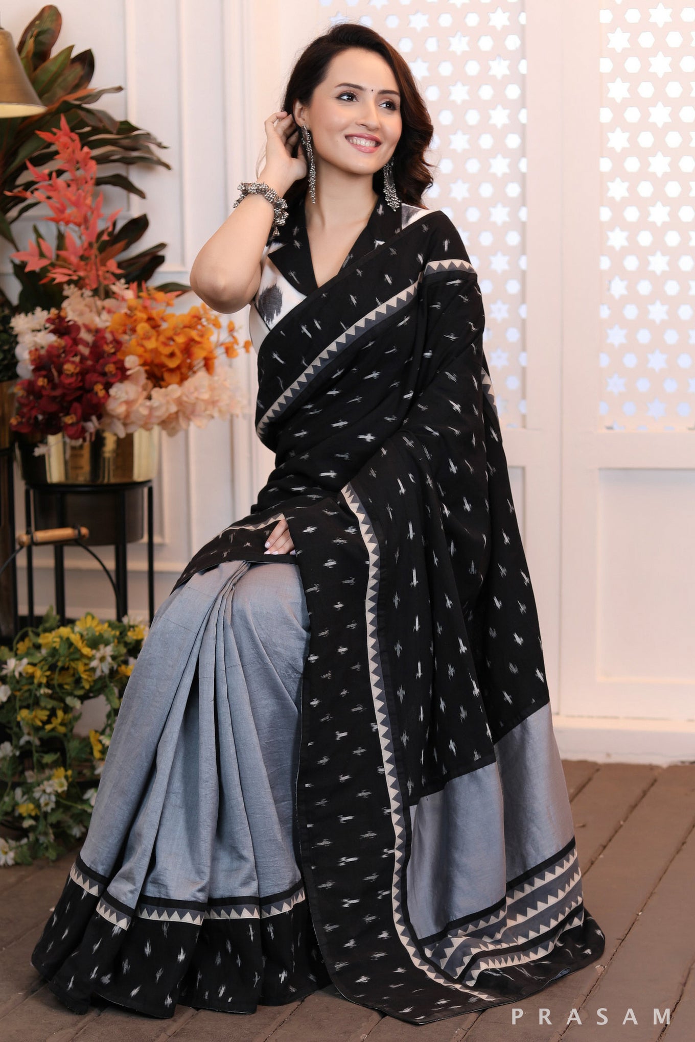 Majestic moonlight Fusion grey chanderi saree with ikat pallu and ajrakh trims (Readymade blouse optional)