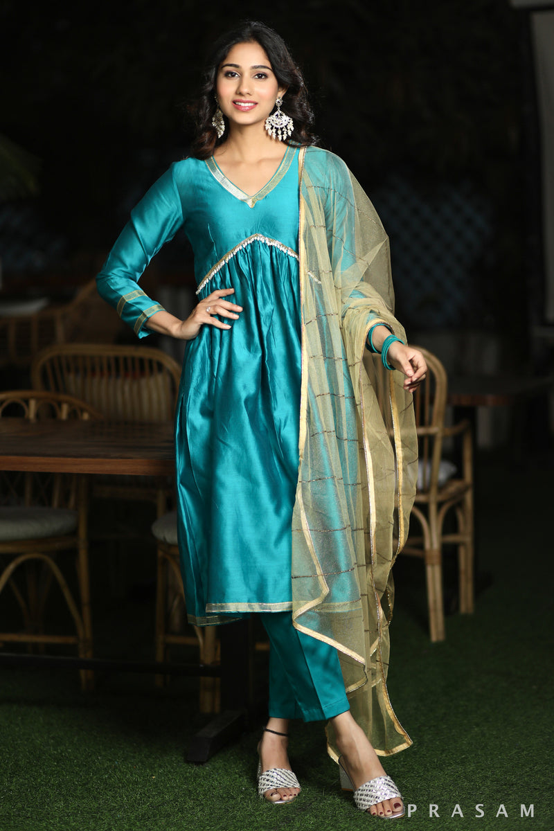 Glamour & Grace  Vibrant Chanderi Silk Kurta Set With Gathers And Ethnic Lace (Dupatta Optional)