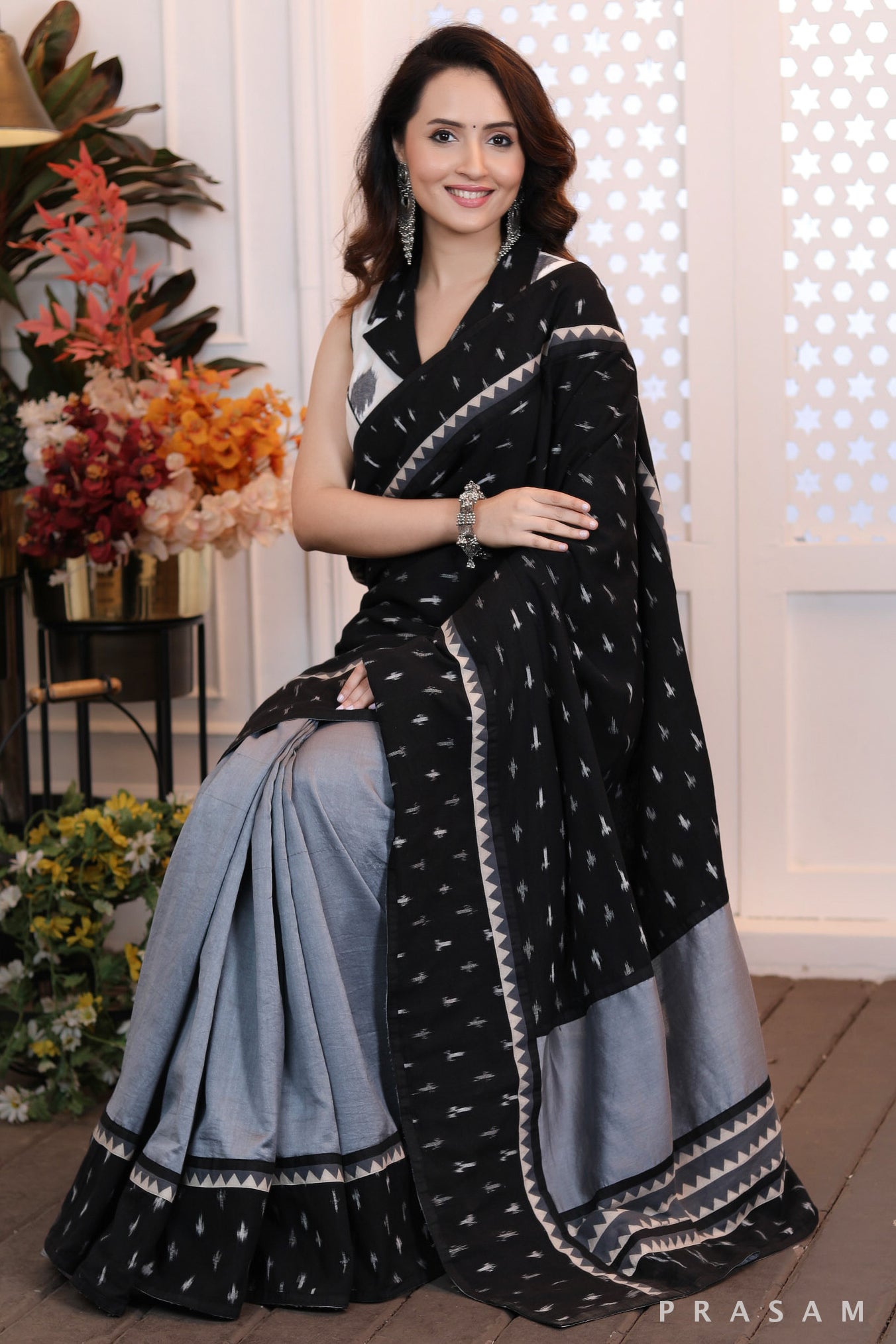 Majestic moonlight Fusion grey chanderi saree with ikat pallu and ajrakh trims (Readymade blouse optional)