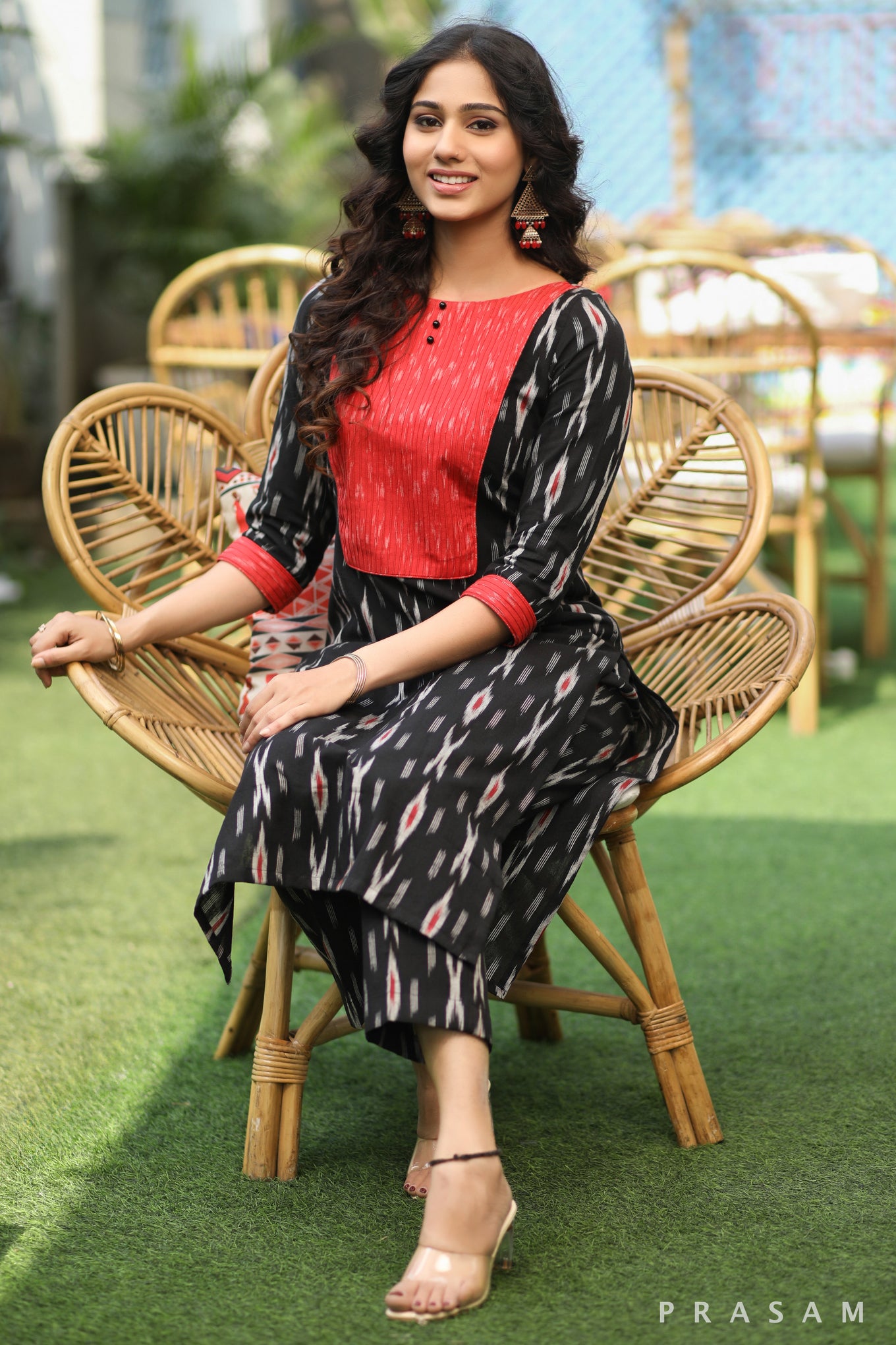 Black Bean Must Have Black Handloom Cotton Red Ikat Yoke  Kurti with Pants