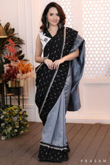 Majestic moonlight Fusion grey chanderi saree with ikat pallu and ajrakh trims (Readymade blouse optional)