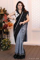 Majestic moonlight Fusion grey chanderi saree with ikat pallu and ajrakh trims (Readymade blouse optional)
