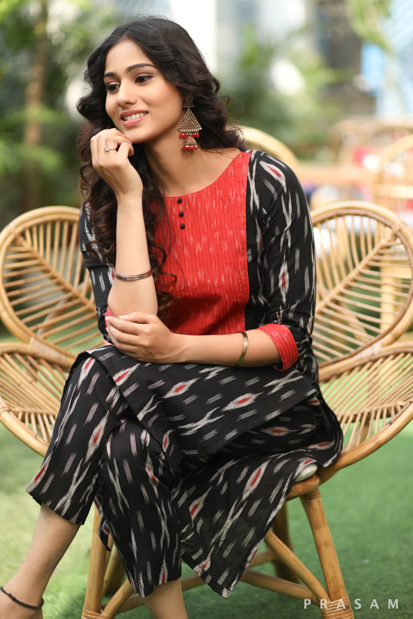 Black Bean Must Have Black Handloom Cotton Red Ikat Yoke  Kurti with Pants