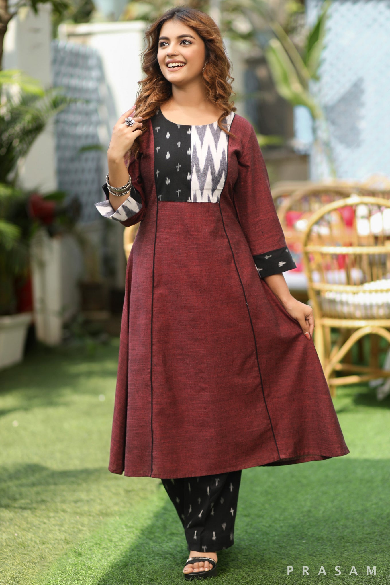 Modern Grace Must Have Handwoven Maroon Cotton Kurti With Ikat Yoke And Trims (Pant Optional)