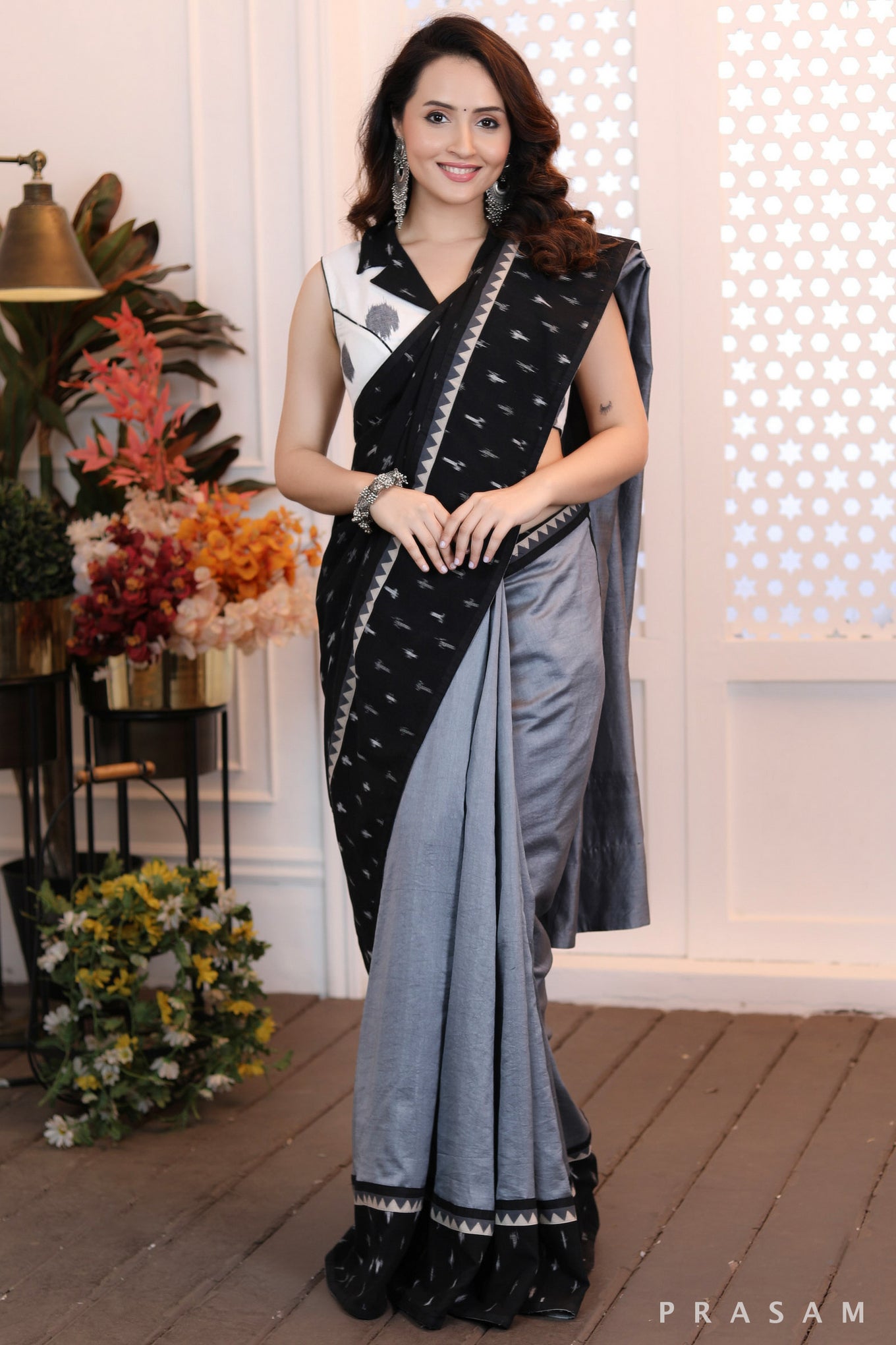 Majestic moonlight Fusion grey chanderi saree with ikat pallu and ajrakh trims (Readymade blouse optional)