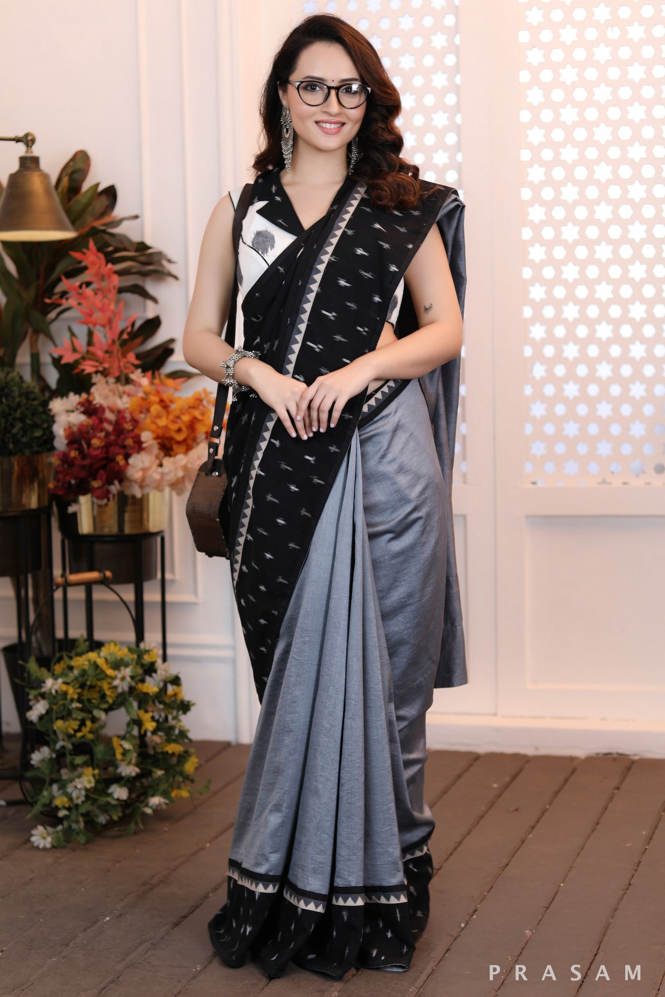 Majestic moonlight Fusion grey chanderi saree with ikat pallu and ajrakh trims (Readymade blouse optional)