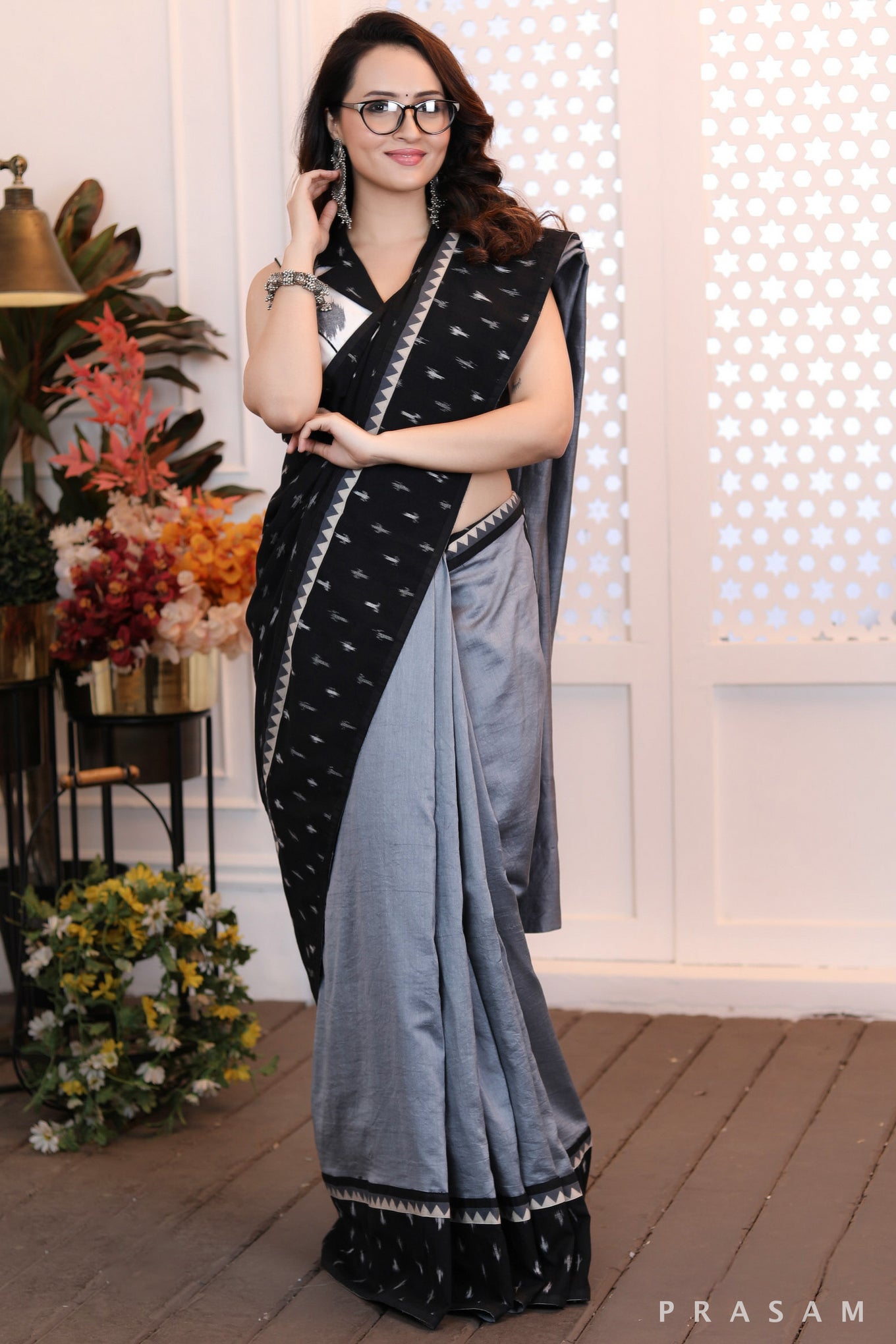 Majestic moonlight Fusion grey chanderi saree with ikat pallu and ajrakh trims (Readymade blouse optional)